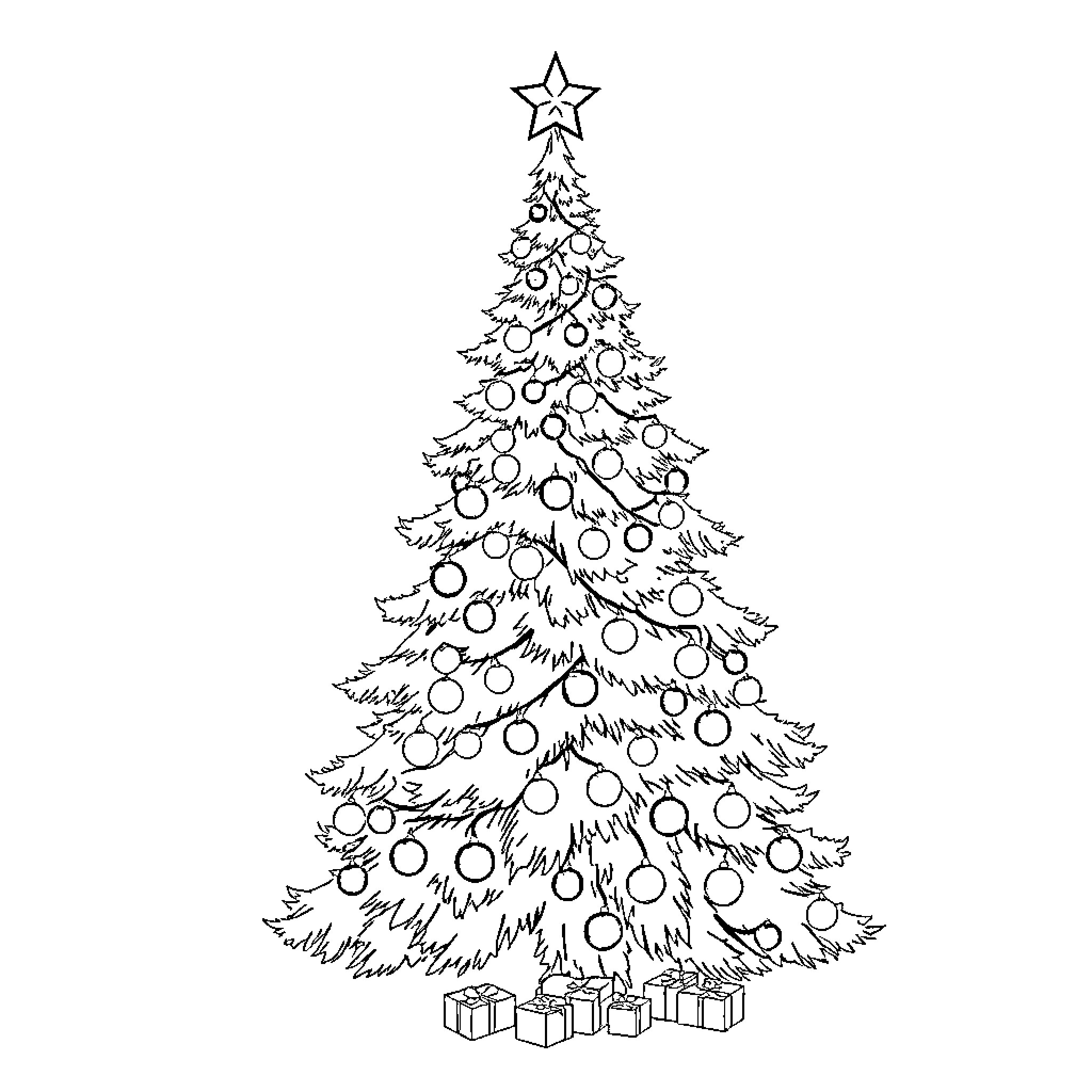 Christmas Tree with Decorations and Presents Coloring Page (free black-and-white line drawing printable PDF for all, from beginners to advanced learners, including children, teens, adults, and seniors)