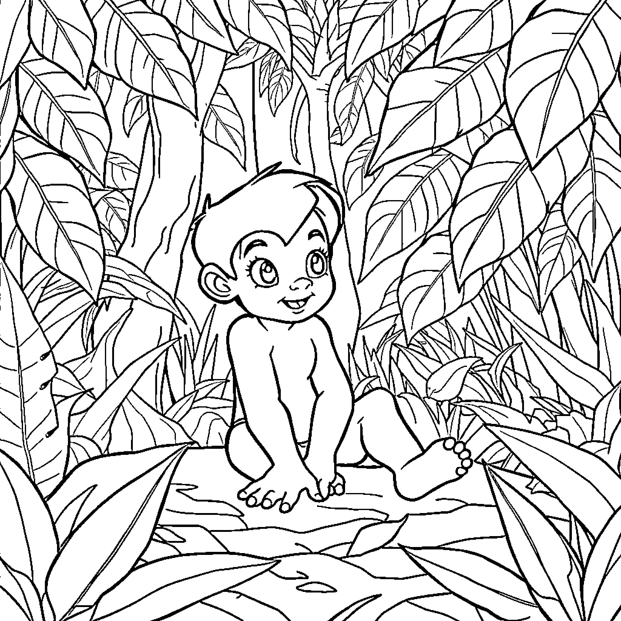 Mowgli exploring the lush jungle landscape Coloring Page (free black-and-white line drawing printable PDF for all, from beginners to advanced learners, including children, teens, adults, and seniors)