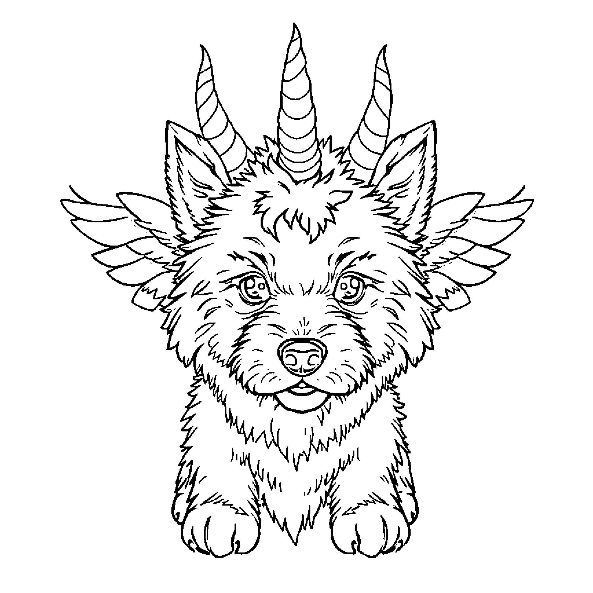 Dog with unicorn horn and wings Coloring Page (free black-and-white line drawing printable PDF for all, from beginners to advanced learners, including children, teens, adults, and seniors)