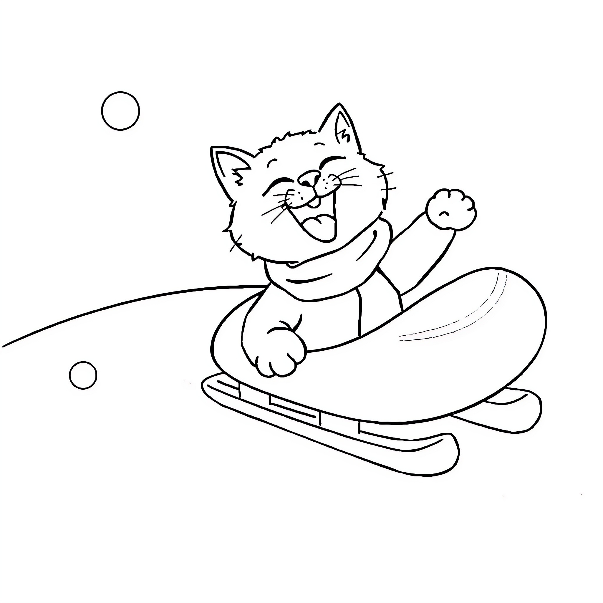 Cat sledding happily down a hill Coloring Page (free black-and-white line drawing printable PDF for all, from beginners to advanced learners, including children, teens, adults, and seniors)