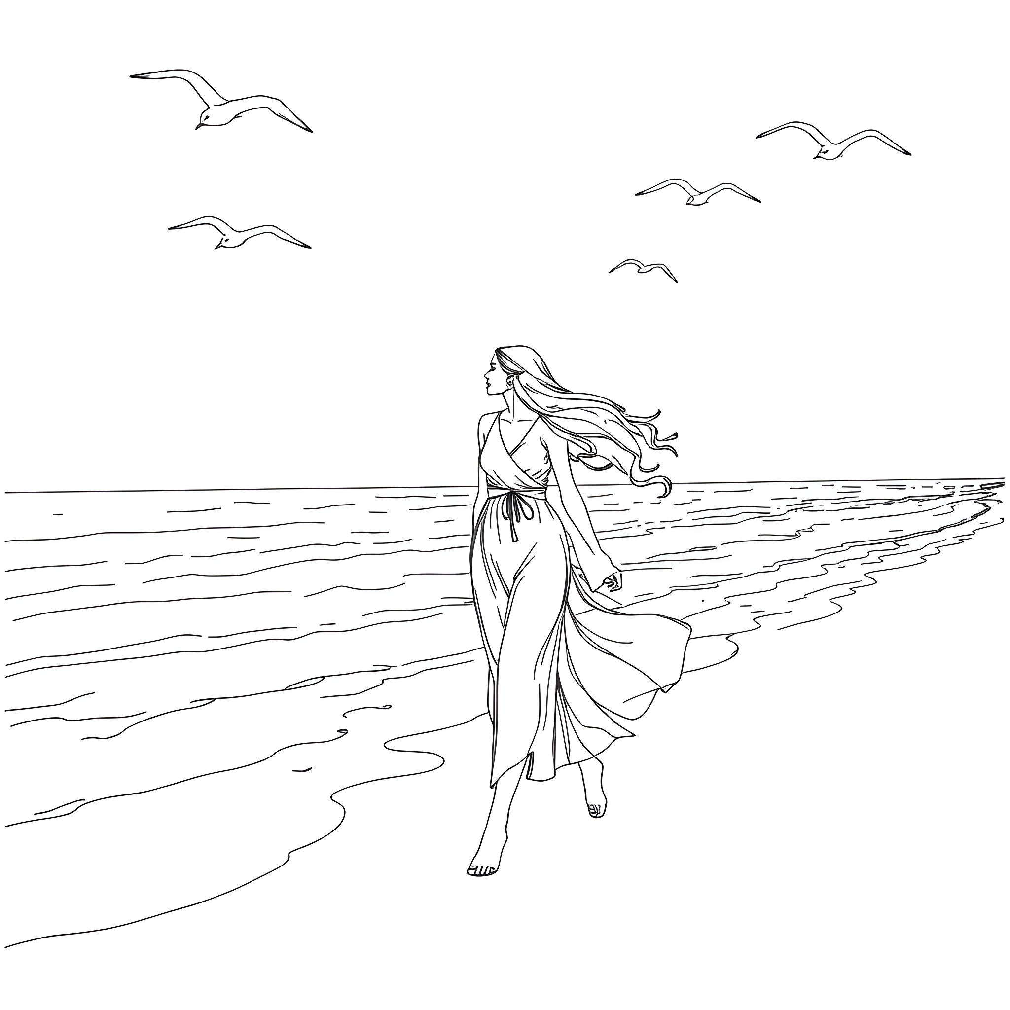 Woman walking gracefully along the beach Coloring Page (free black-and-white line drawing printable PDF for all, from beginners to advanced learners, including children, teens, adults, and seniors)