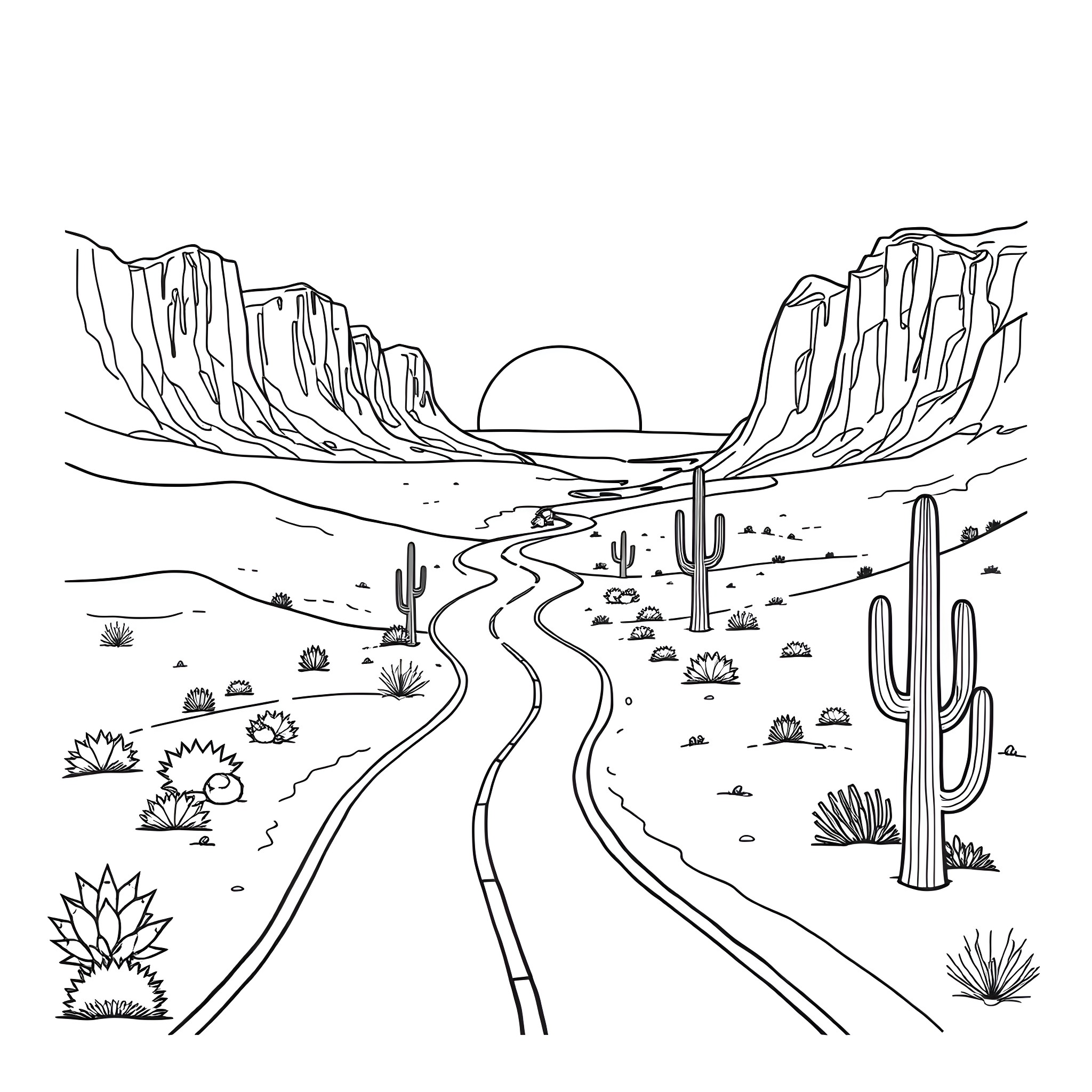 Road through the vast desert landscape Coloring Page (free black-and-white line drawing printable PDF for all, from beginners to advanced learners, including children, teens, adults, and seniors)