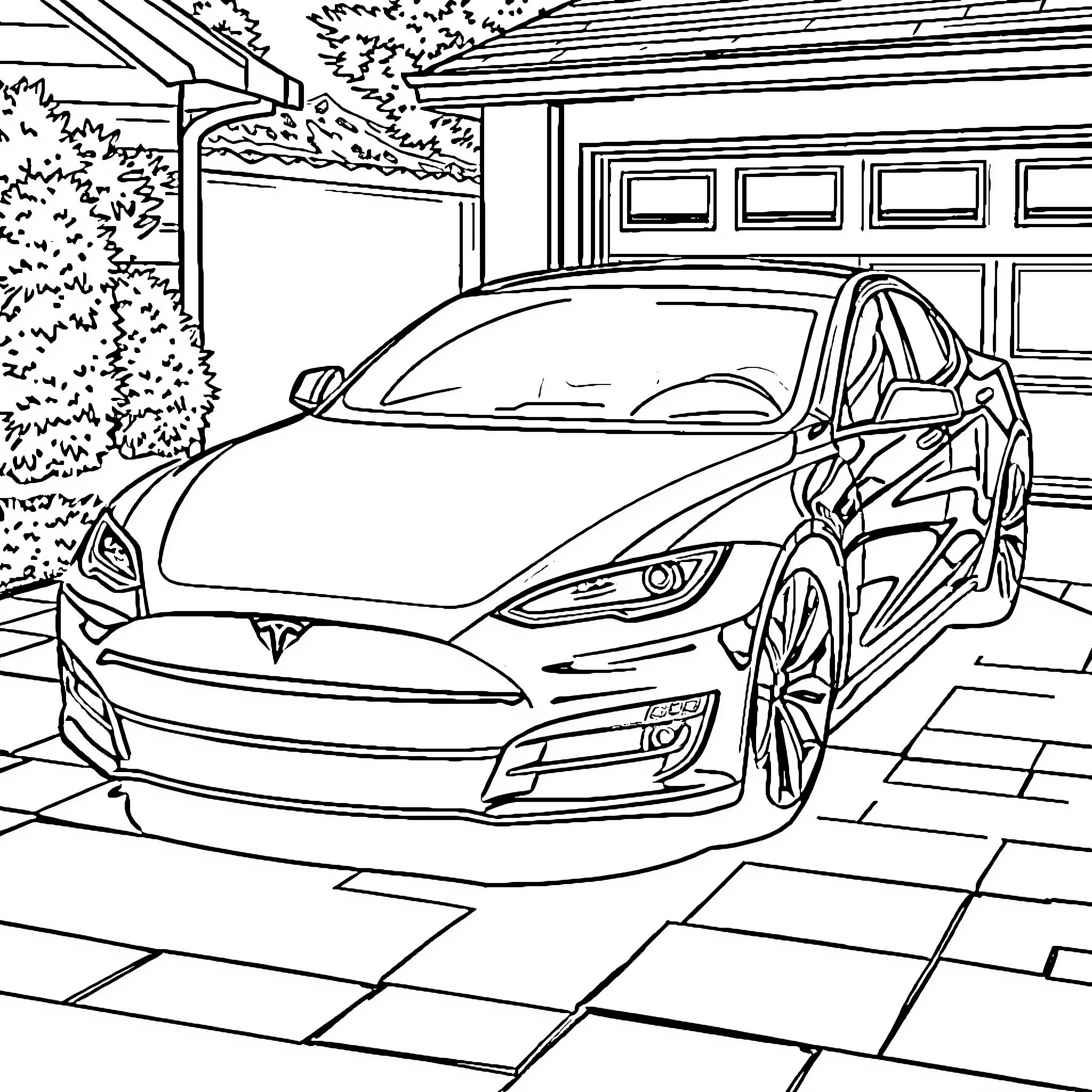 Tesla Model S parked in the driveway Coloring Page (free black-and-white line drawing printable PDF for all, from beginners to advanced learners, including children, teens, adults, and seniors)