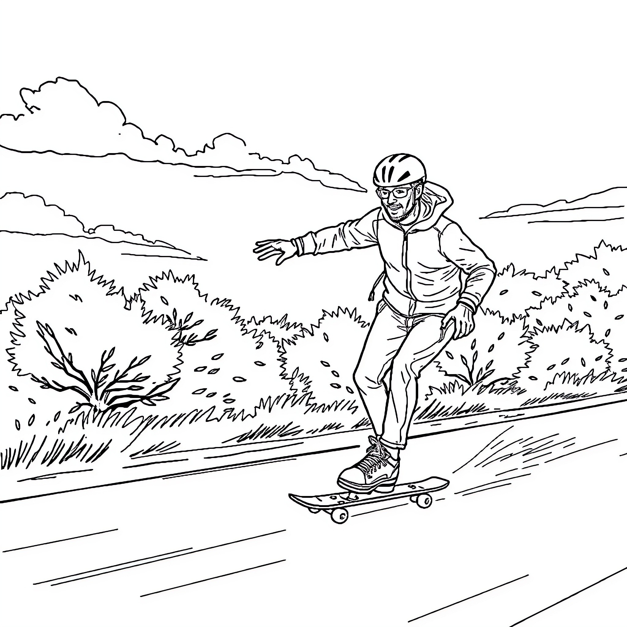 Captain Flam riding skateboard through outdoor landscape Coloring Page (free black-and-white line drawing printable PDF for all, from beginners to advanced learners, including children, teens, adults, and seniors)