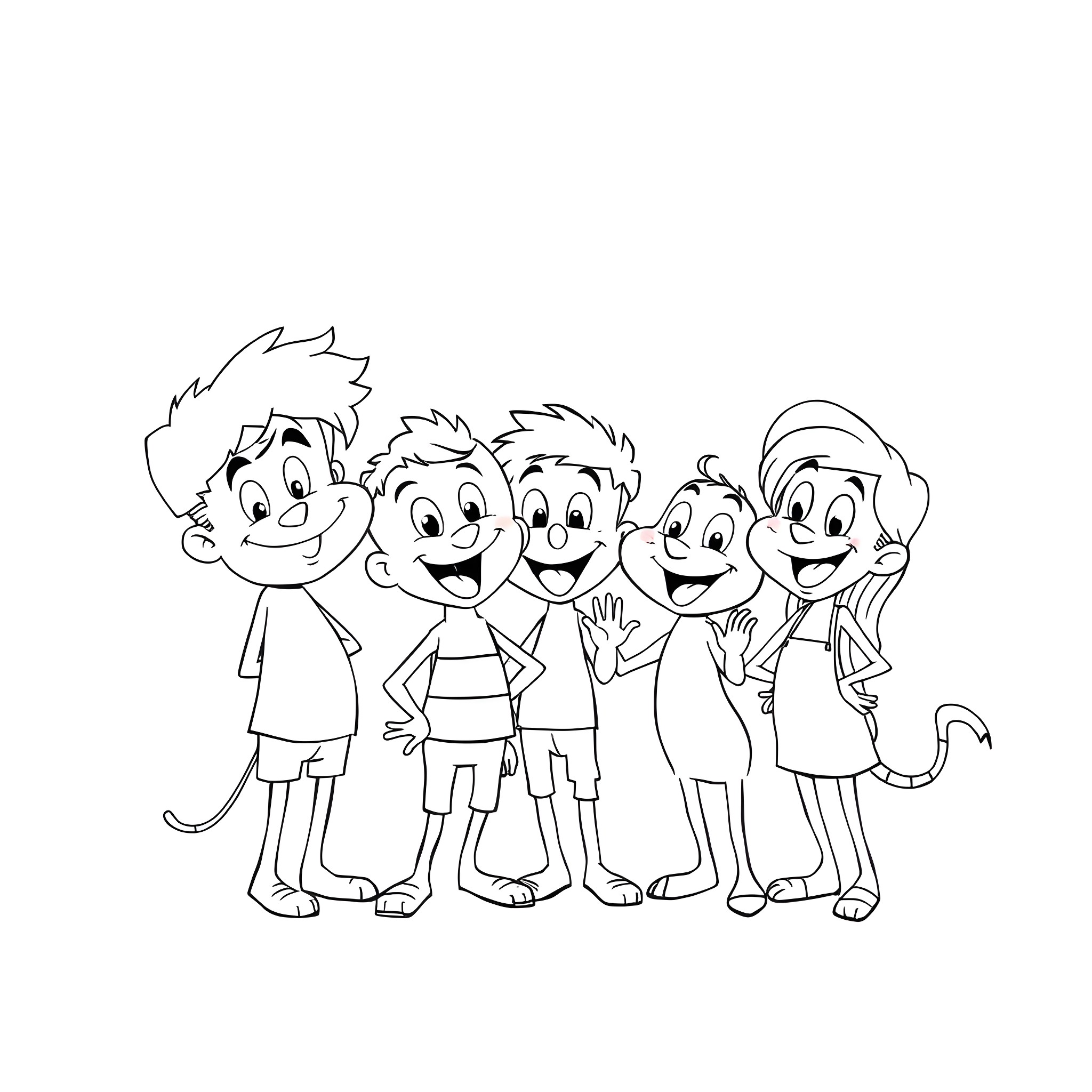 People posing together in a group portrait Coloring Page (free black-and-white line drawing printable PDF for all, from beginners to advanced learners, including children, teens, adults, and seniors)
