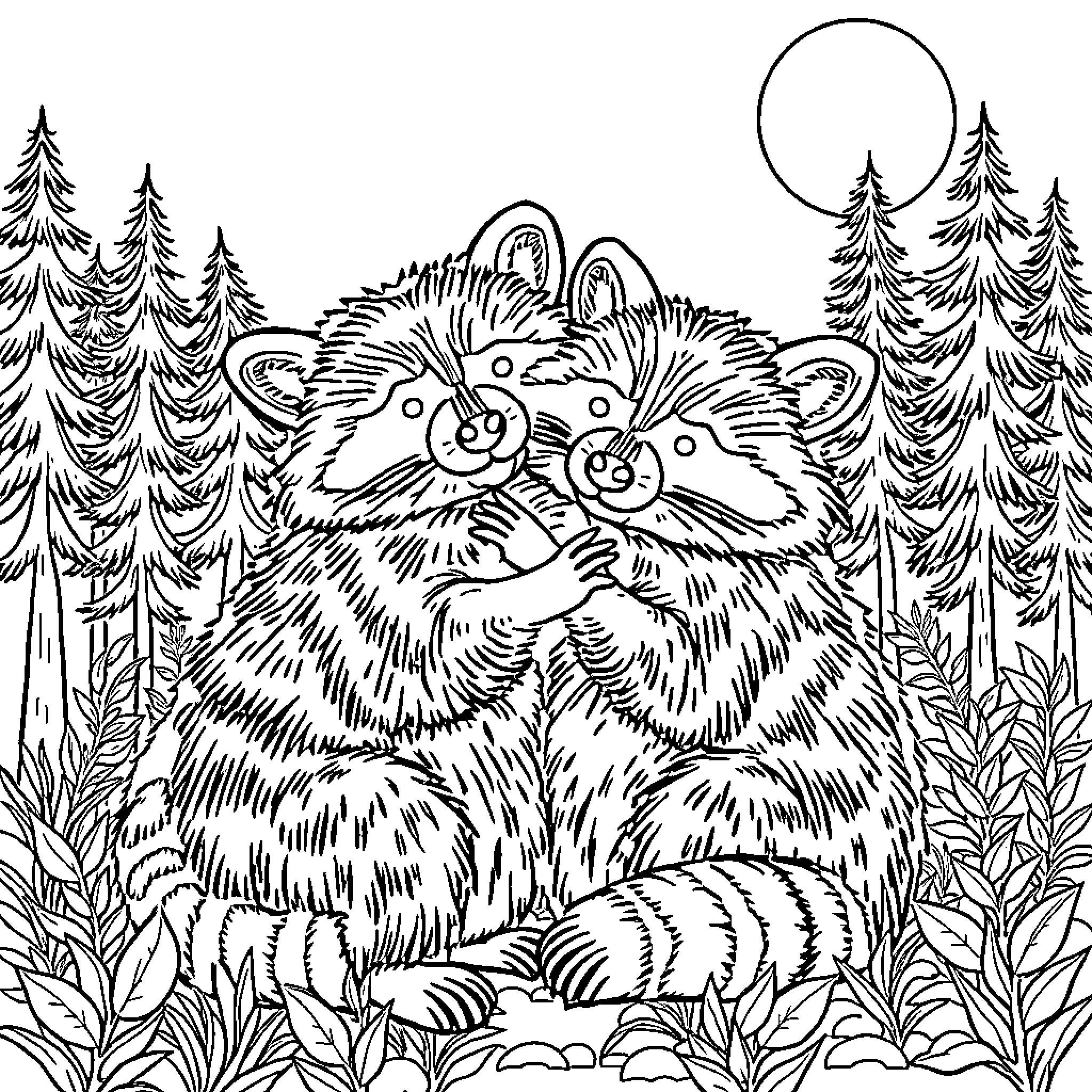 Raccoon friends cuddling in the forest Coloring Page (free black-and-white line drawing printable PDF for all, from beginners to advanced learners, including children, teens, adults, and seniors)