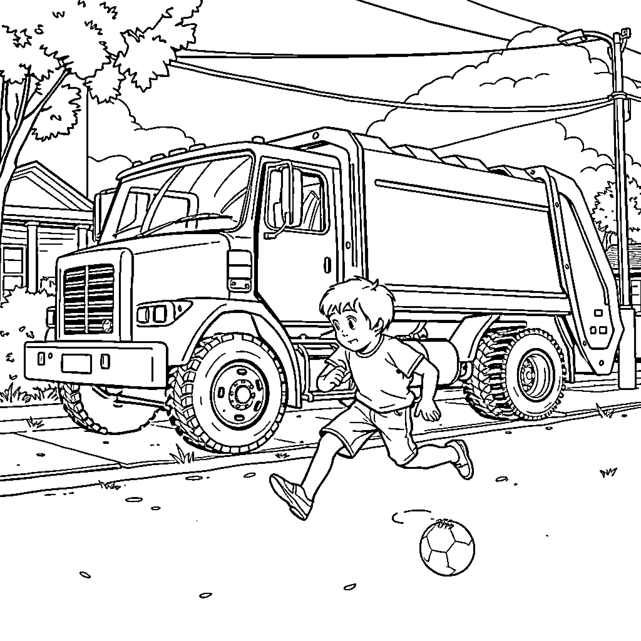 Trash Truck Chasing After a Runaway Ball Coloring Page (free black-and-white line drawing printable PDF for all, from beginners to advanced learners, including children, teens, adults, and seniors)
