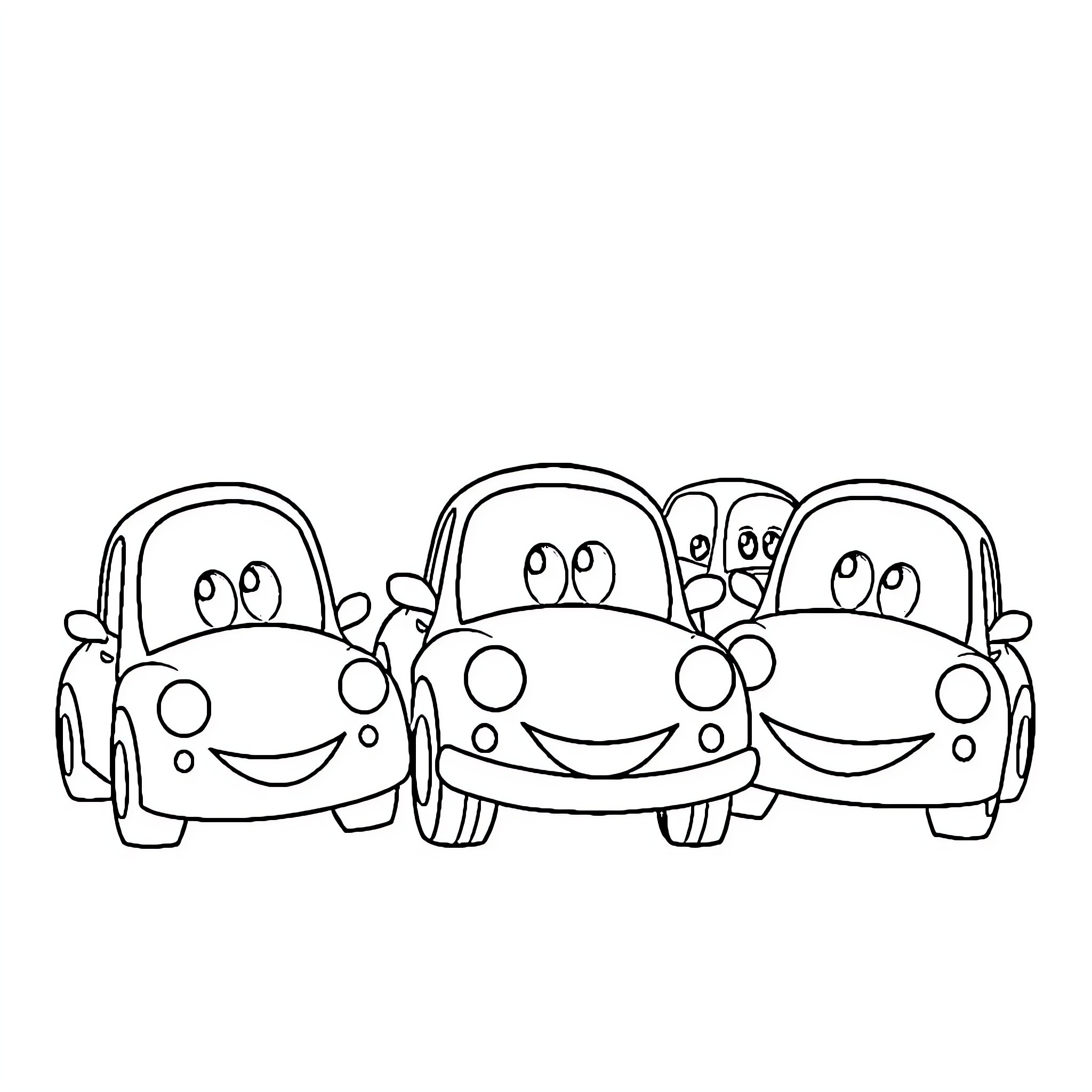 Car Cartoon Characters Having Fun Together Coloring Page (free black-and-white line drawing printable PDF for all, from beginners to advanced learners, including children, teens, adults, and seniors)