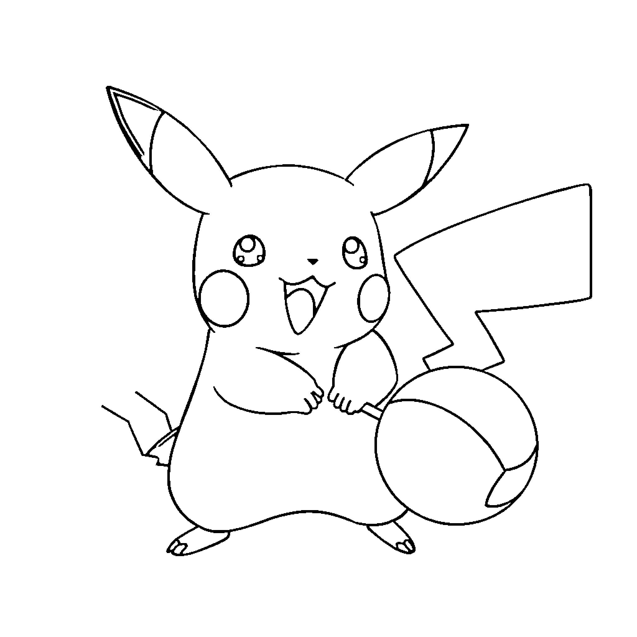 Pikachu sitting and smiling Coloring Page (free black-and-white line drawing printable PDF for all, from beginners to advanced learners, including children, teens, adults, and seniors)