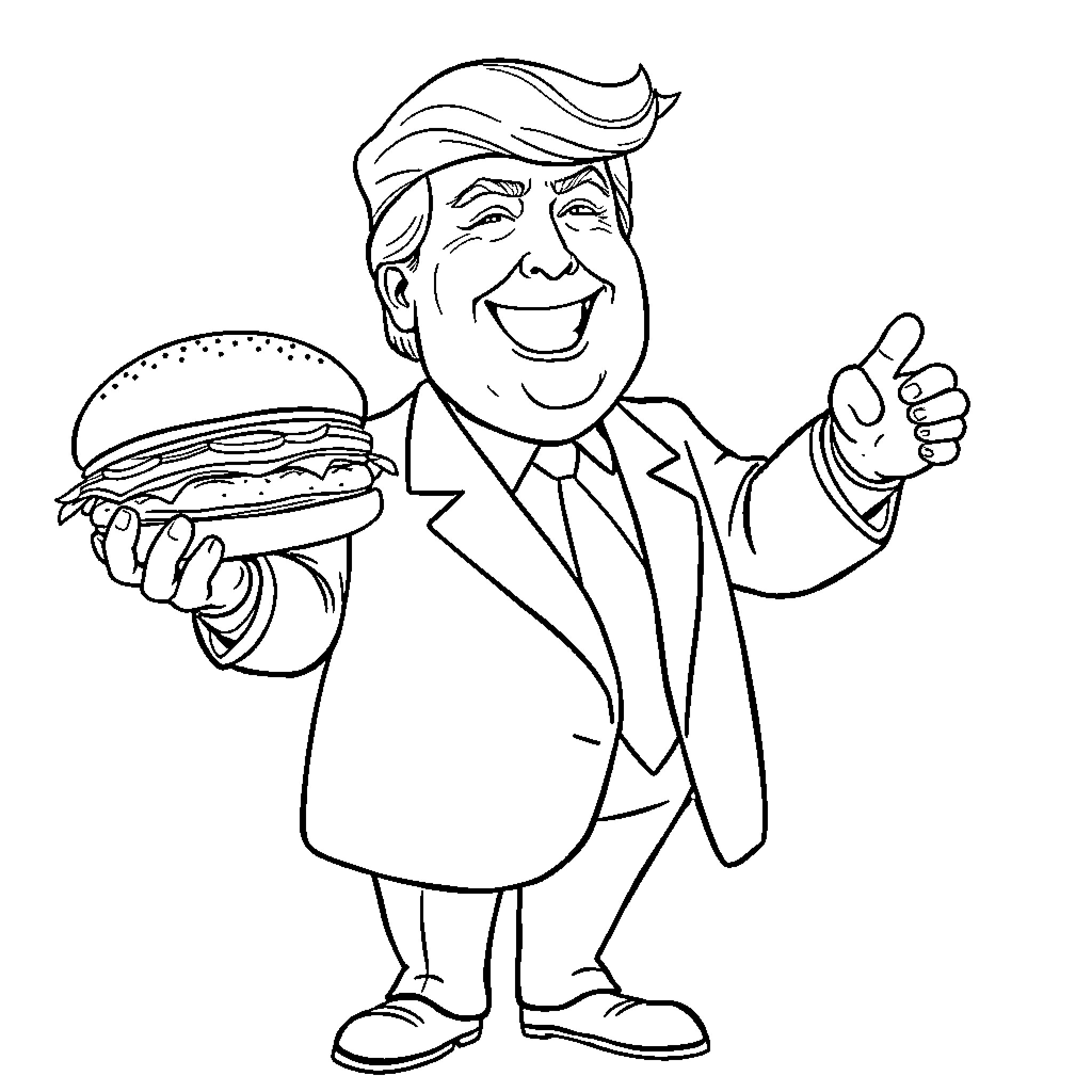 Donald Trump enjoying a delicious hamburger Coloring Page (free black-and-white line drawing printable PDF for all, from beginners to advanced learners, including children, teens, adults, and seniors)