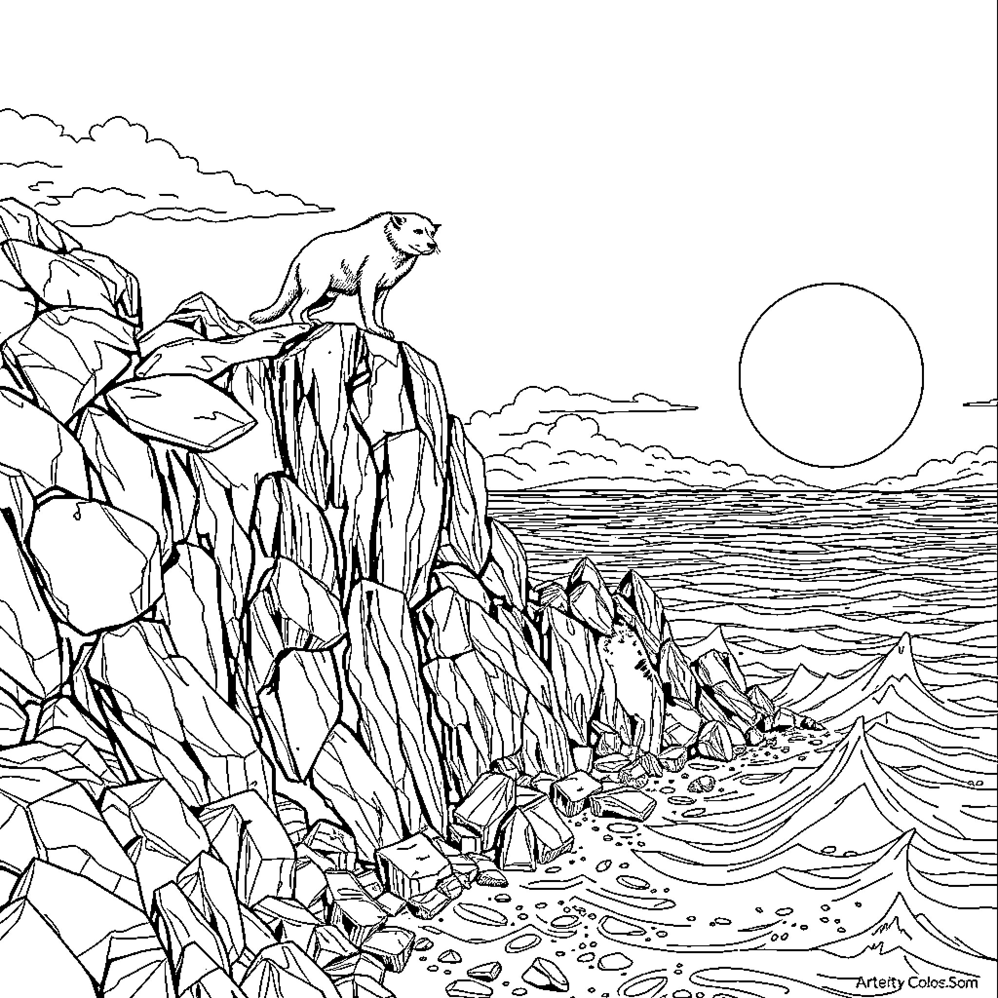 Lobo overlooking the serene coastal landscape Coloring Page (free black-and-white line drawing printable PDF for all, from beginners to advanced learners, including children, teens, adults, and seniors)