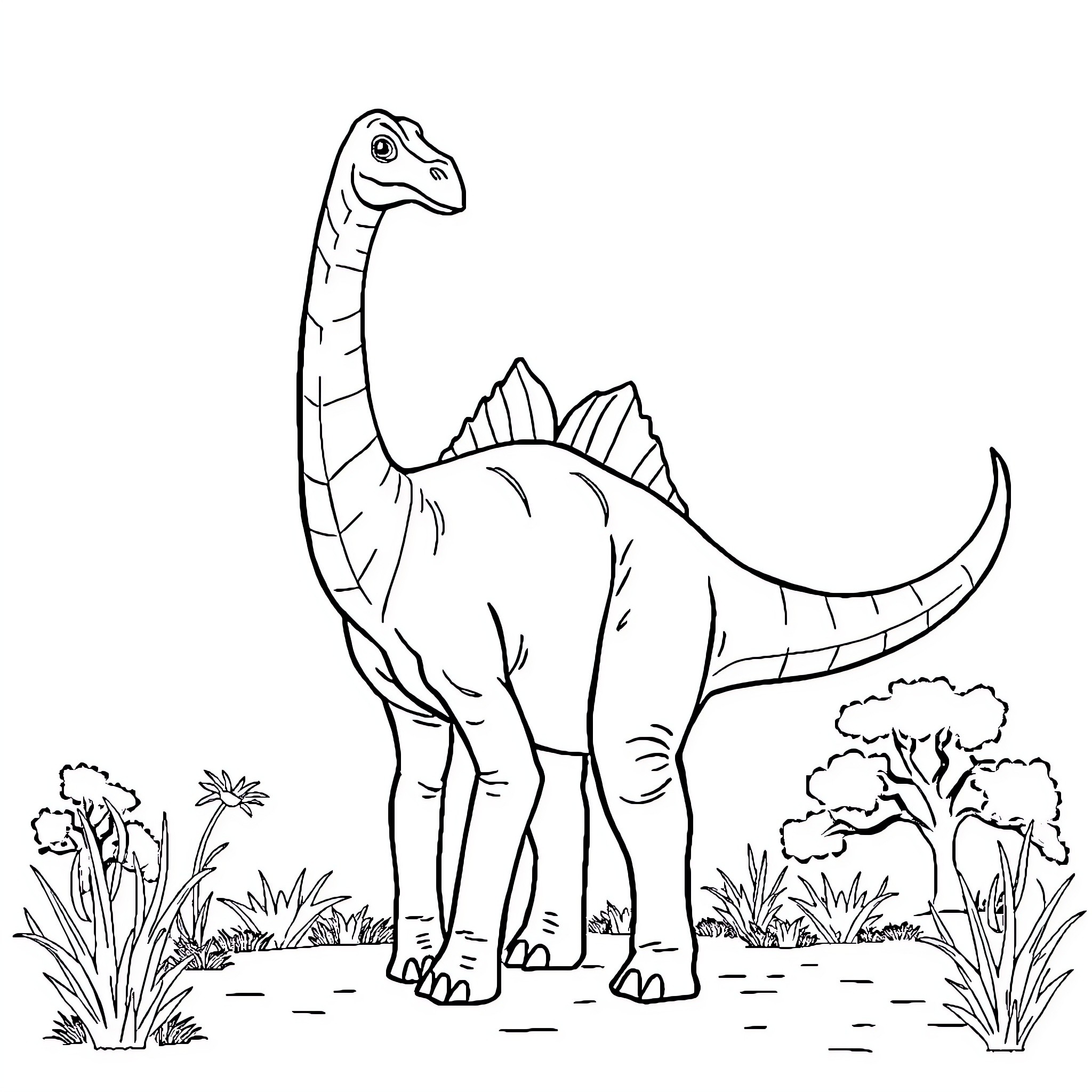 Brachiosaurus exploring lush prehistoric landscape Coloring Page (free black-and-white line drawing printable PDF for all, from beginners to advanced learners, including children, teens, adults, and seniors)