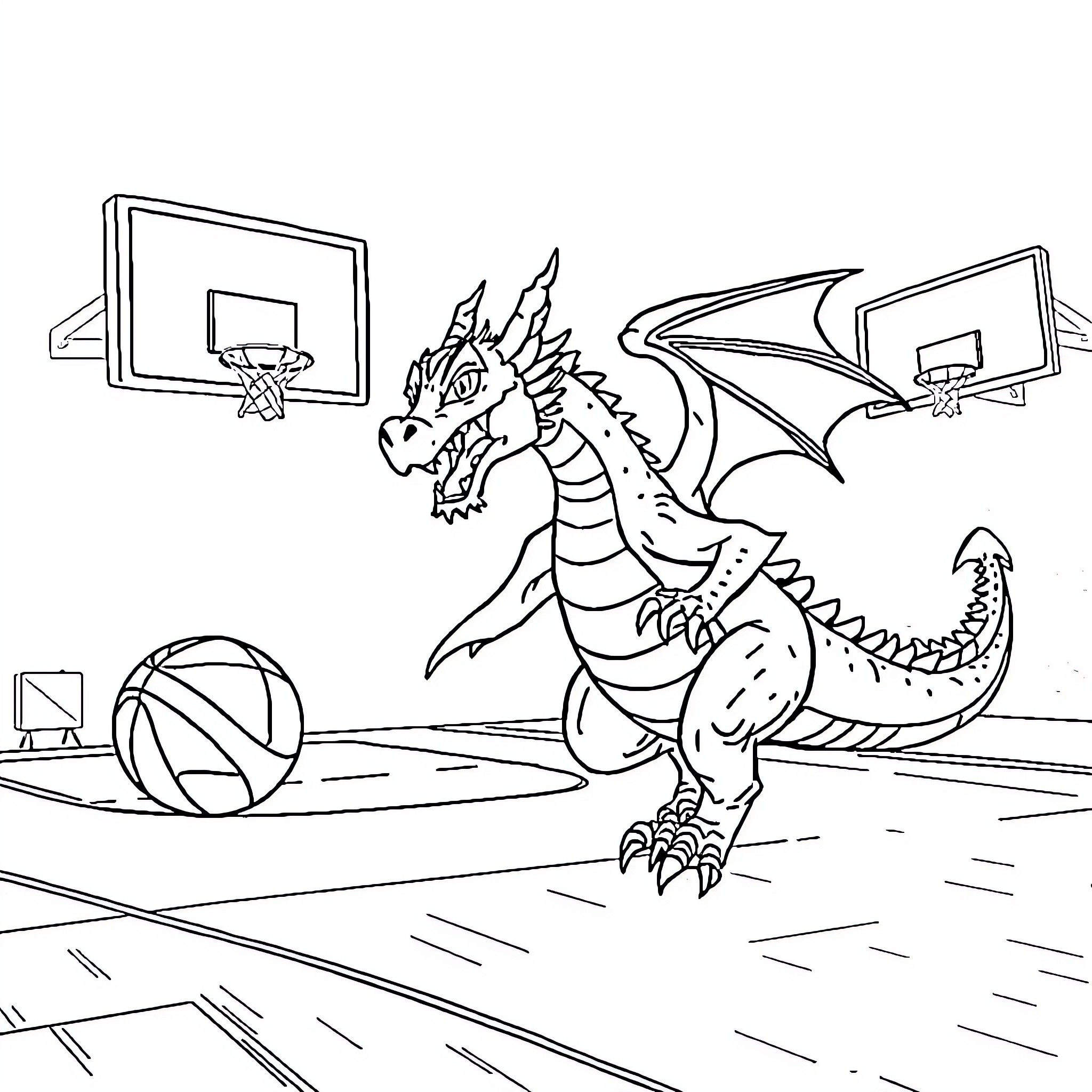 Dragon playing basketball on the court Coloring Page (free black-and-white line drawing printable PDF for all, from beginners to advanced learners, including children, teens, adults, and seniors)