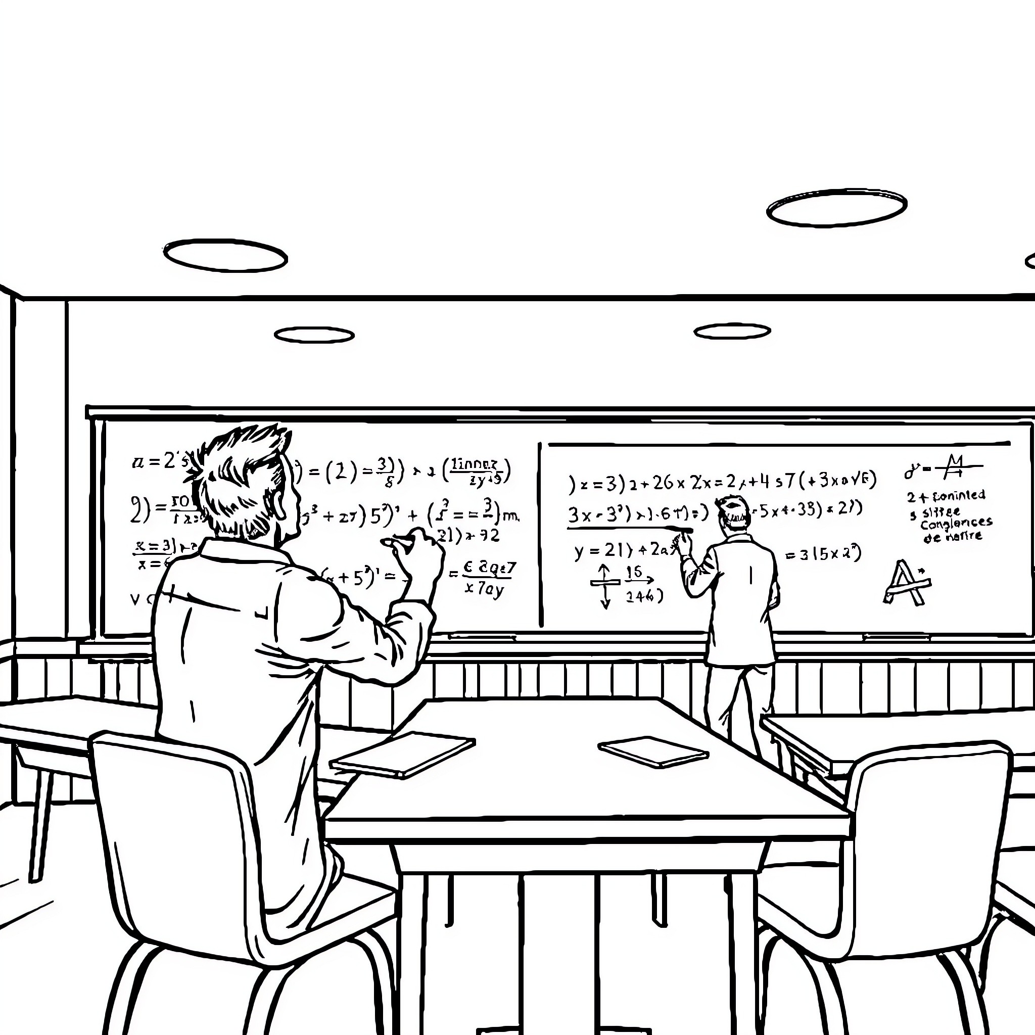 Math Teacher Explaining Complex Equations on Chalkboard Coloring Page (free black-and-white line drawing printable PDF for all, from beginners to advanced learners, including children, teens, adults, and seniors)