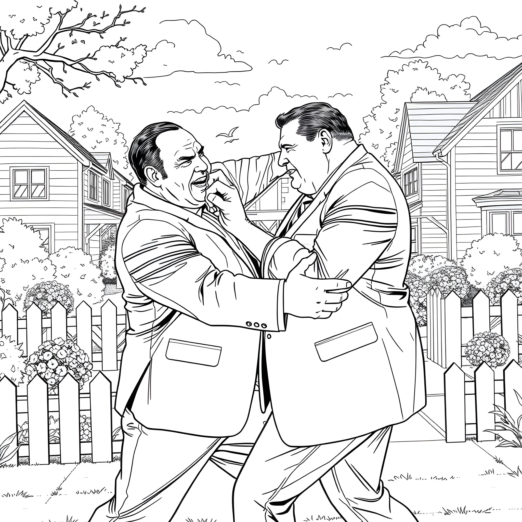 Tony Soprano's Friendly Encounter in the Neighborhood Coloring Page (free black-and-white line drawing printable PDF for all, from beginners to advanced learners, including children, teens, adults, and seniors)