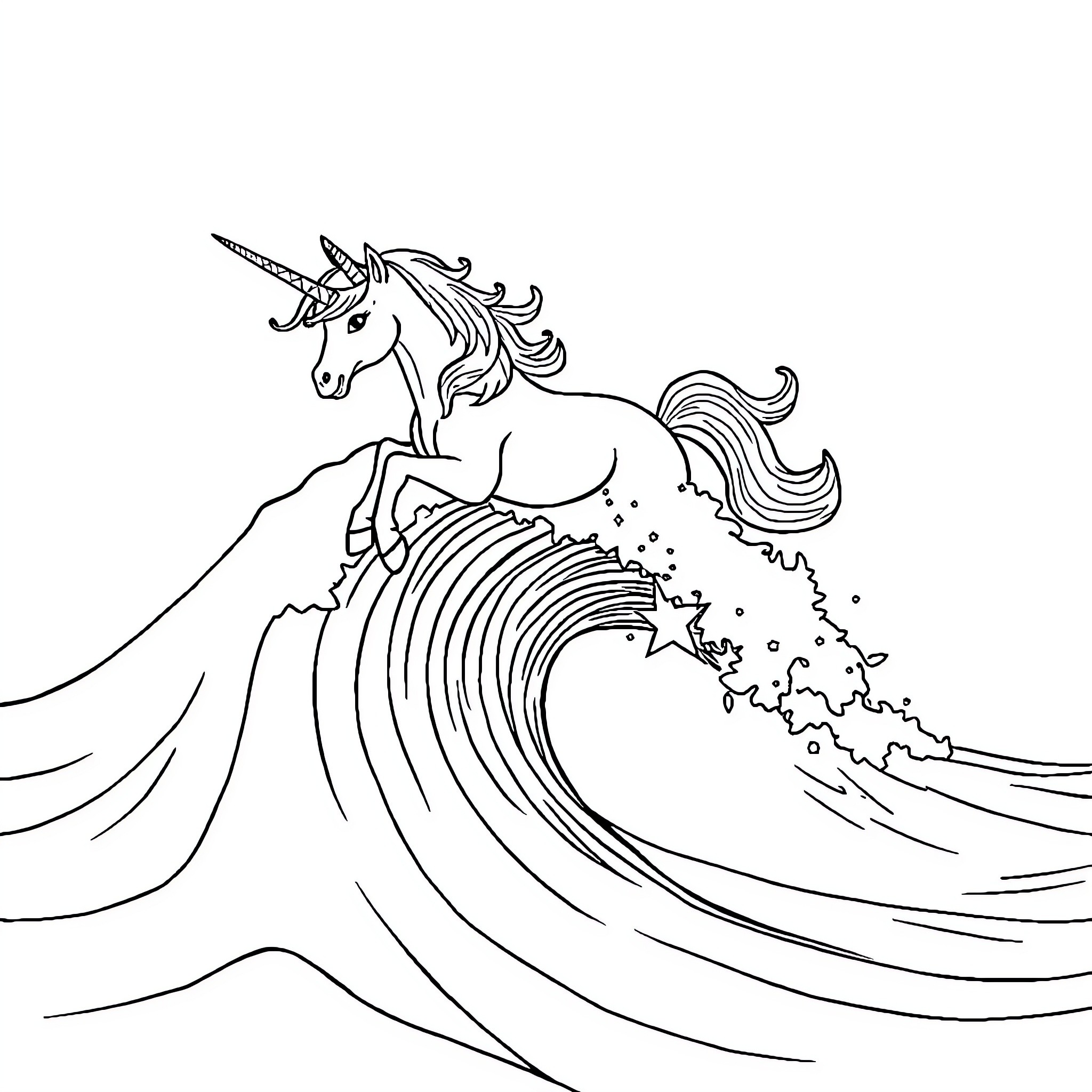 Unicorn riding majestic waves in the ocean Coloring Page (free black-and-white line drawing printable PDF for all, from beginners to advanced learners, including children, teens, adults, and seniors)