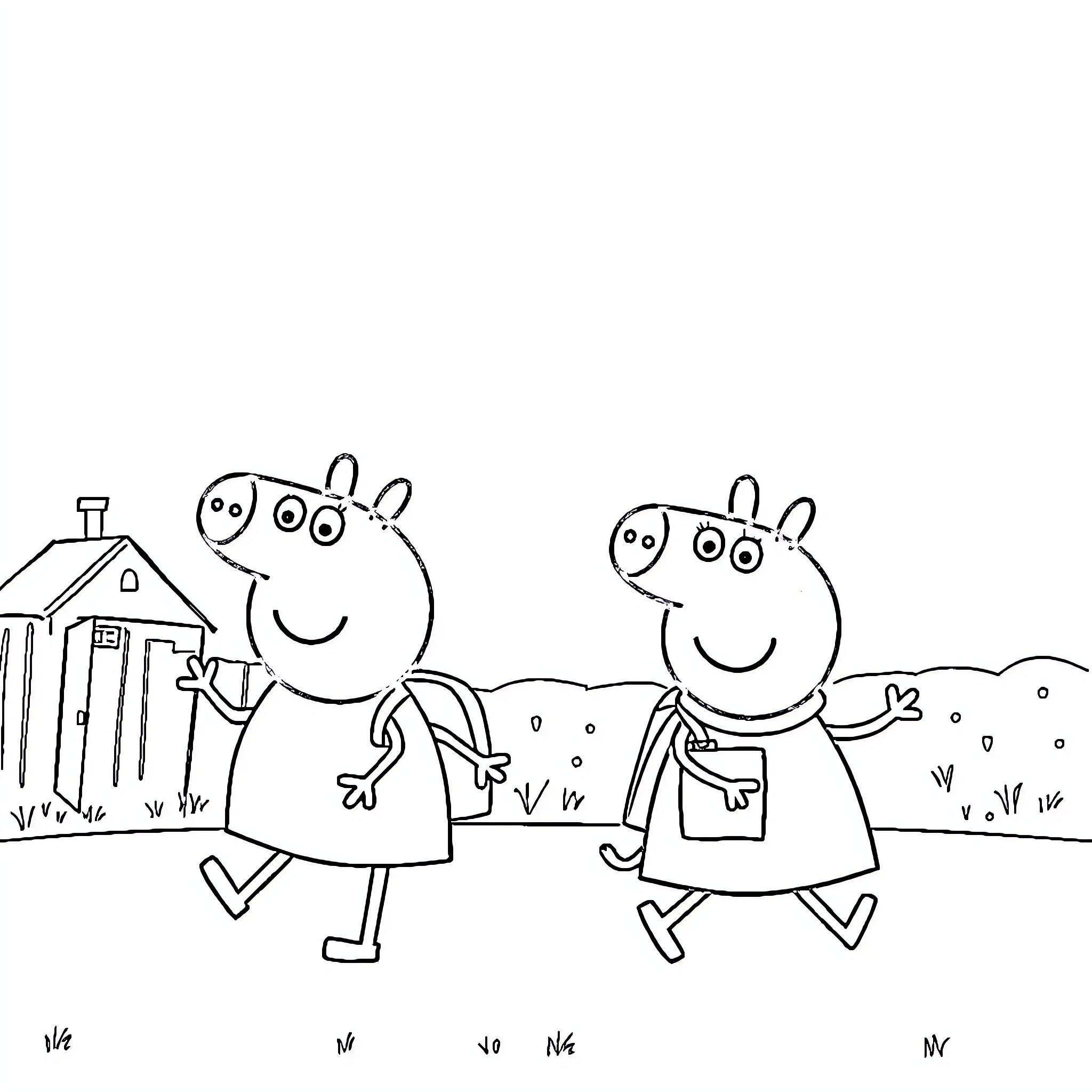 Peppa Pig and friends playing happily outdoors Coloring Page (free black-and-white line drawing printable PDF for all, from beginners to advanced learners, including children, teens, adults, and seniors)