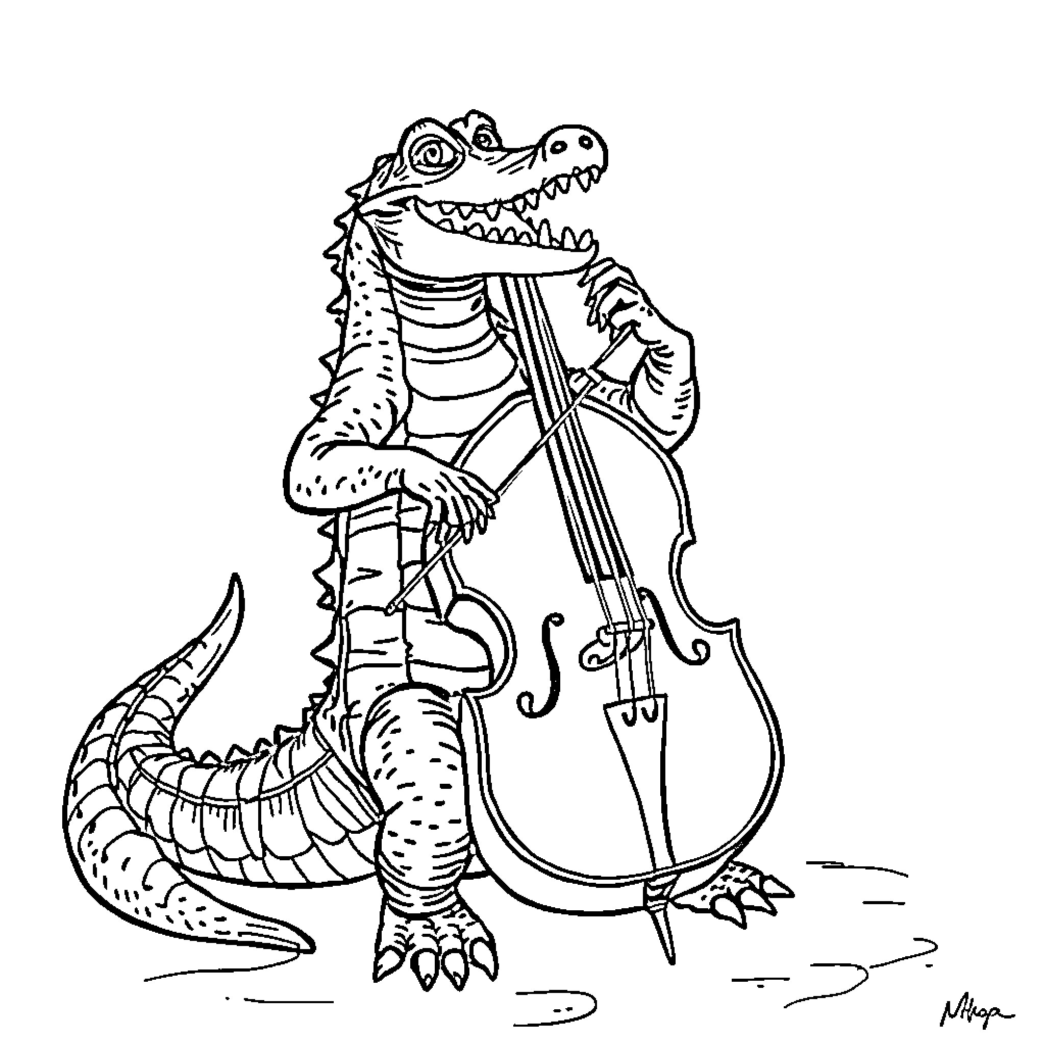 Crocodile playing classical music with a violin Coloring Page (free black-and-white line drawing printable PDF for all, from beginners to advanced learners, including children, teens, adults, and seniors)