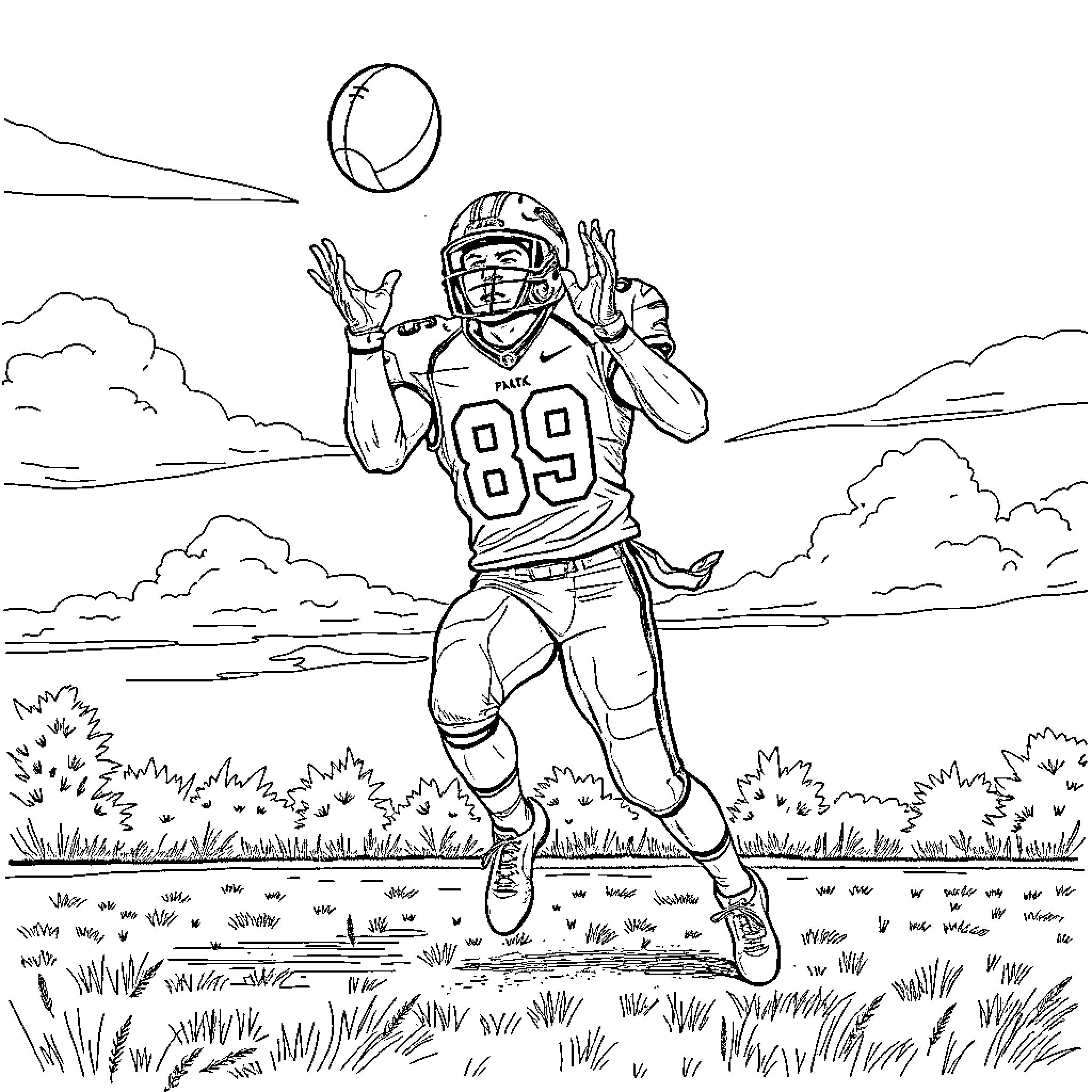 Football player catching the ball in the field Coloring Page (free black-and-white line drawing printable PDF for all, from beginners to advanced learners, including children, teens, adults, and seniors)