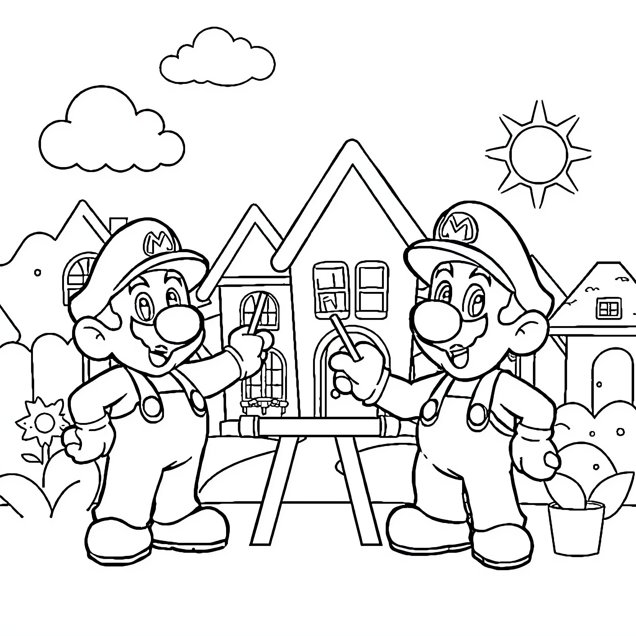 Mario and Luigi painting a picture in a scenic town Coloring Page (free black-and-white line drawing printable PDF for all, from beginners to advanced learners, including children, teens, adults, and seniors)