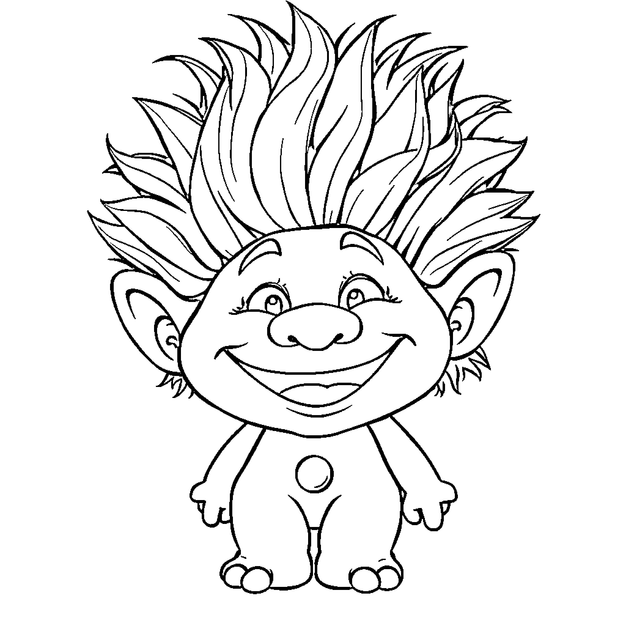 Troll with Vibrant Hairstyle and Cheerful Expression Coloring Page (free black-and-white line drawing printable PDF for all, from beginners to advanced learners, including children, teens, adults, and seniors)