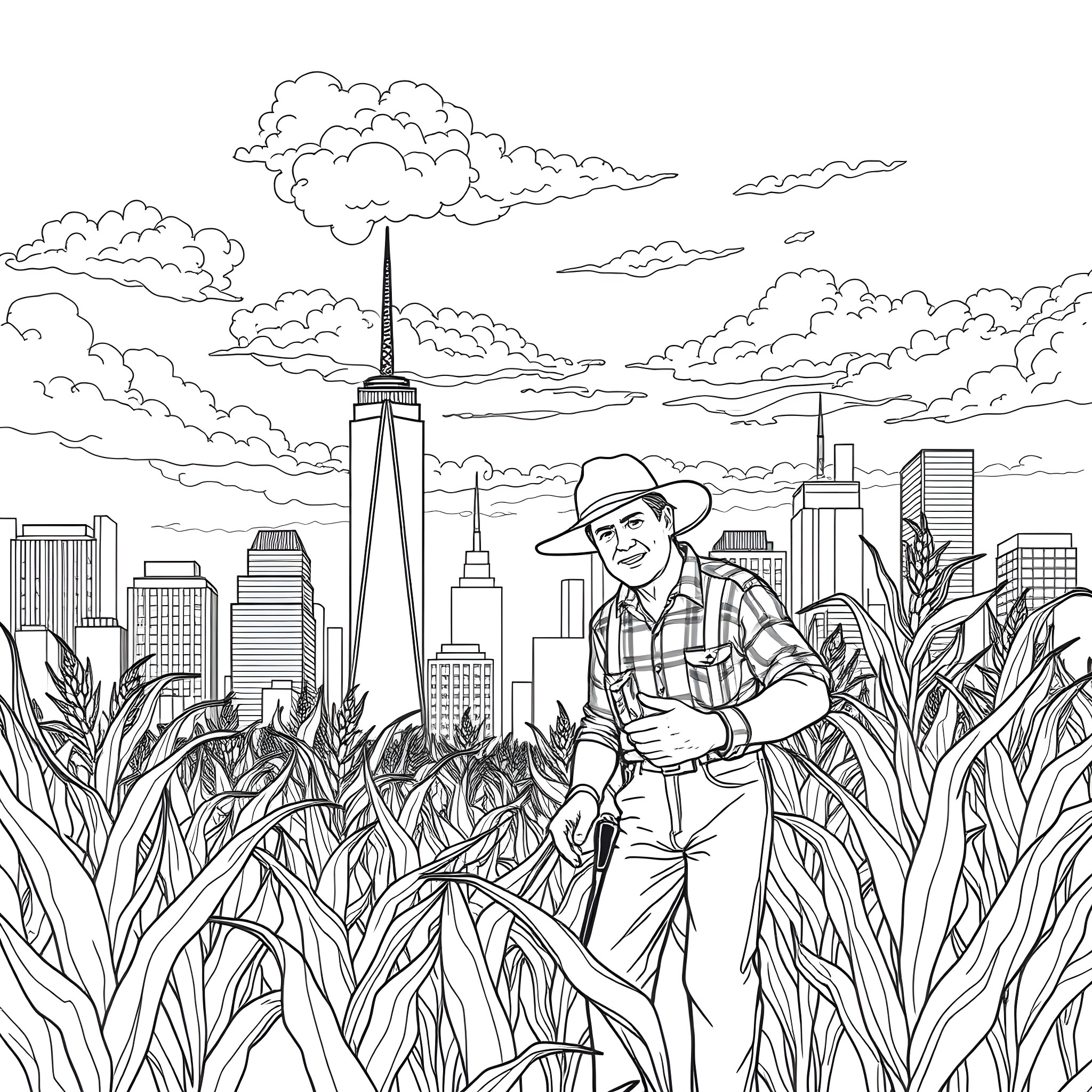 Man exploring the city skyline in a cornfield Coloring Page (free black-and-white line drawing printable PDF for all, from beginners to advanced learners, including children, teens, adults, and seniors)