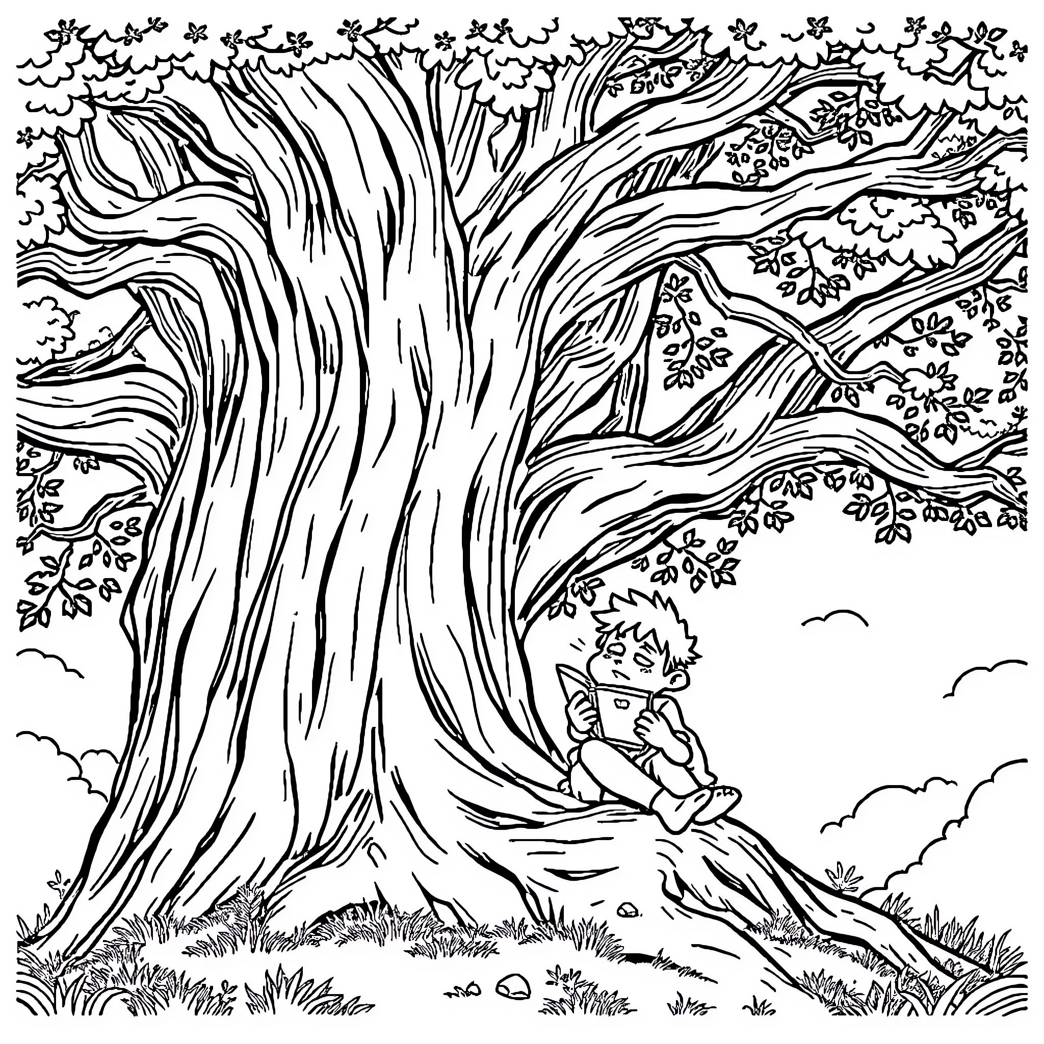 Jotarp Kujo sitting under a majestic tree Coloring Page (free black-and-white line drawing printable PDF for all, from beginners to advanced learners, including children, teens, adults, and seniors)