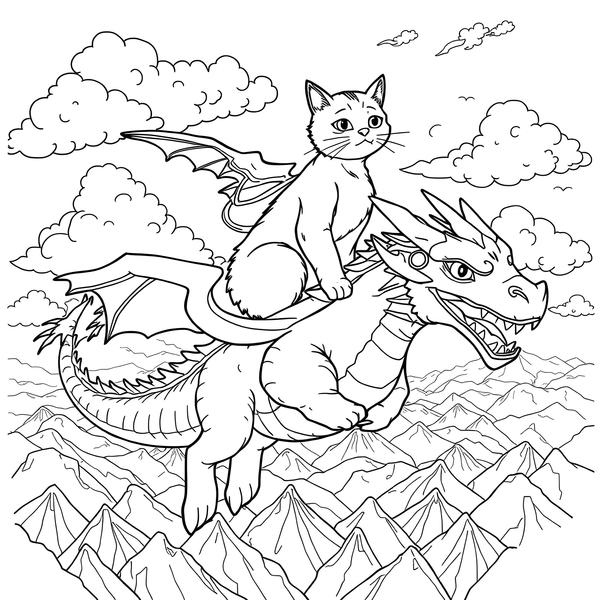 Cat riding a mythical dragon through the mountains Coloring Page (free black-and-white line drawing printable PDF for all, from beginners to advanced learners, including children, teens, adults, and seniors)