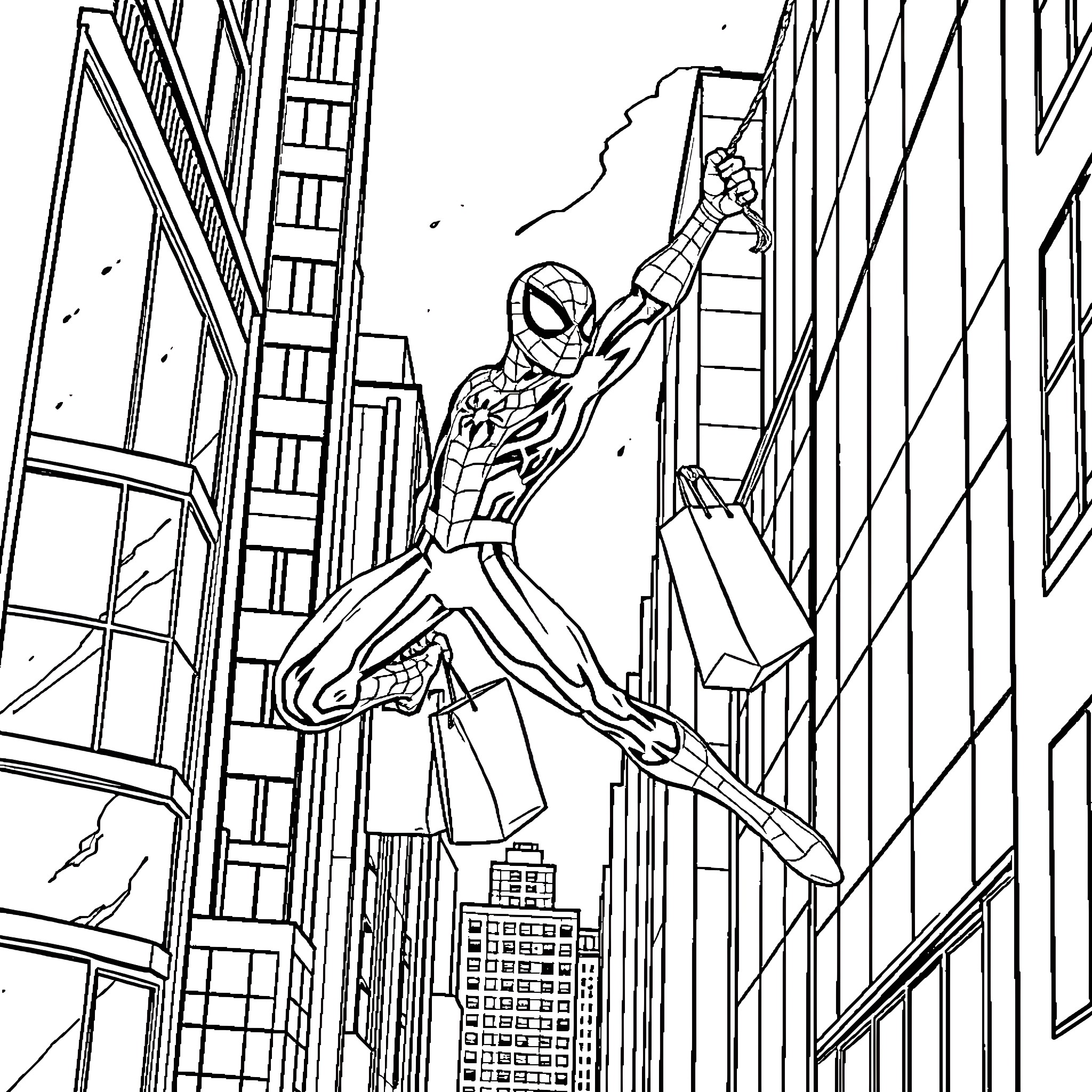 Spiderman swinging through the city Coloring Page (free black-and-white line drawing printable PDF for all, from beginners to advanced learners, including children, teens, adults, and seniors)