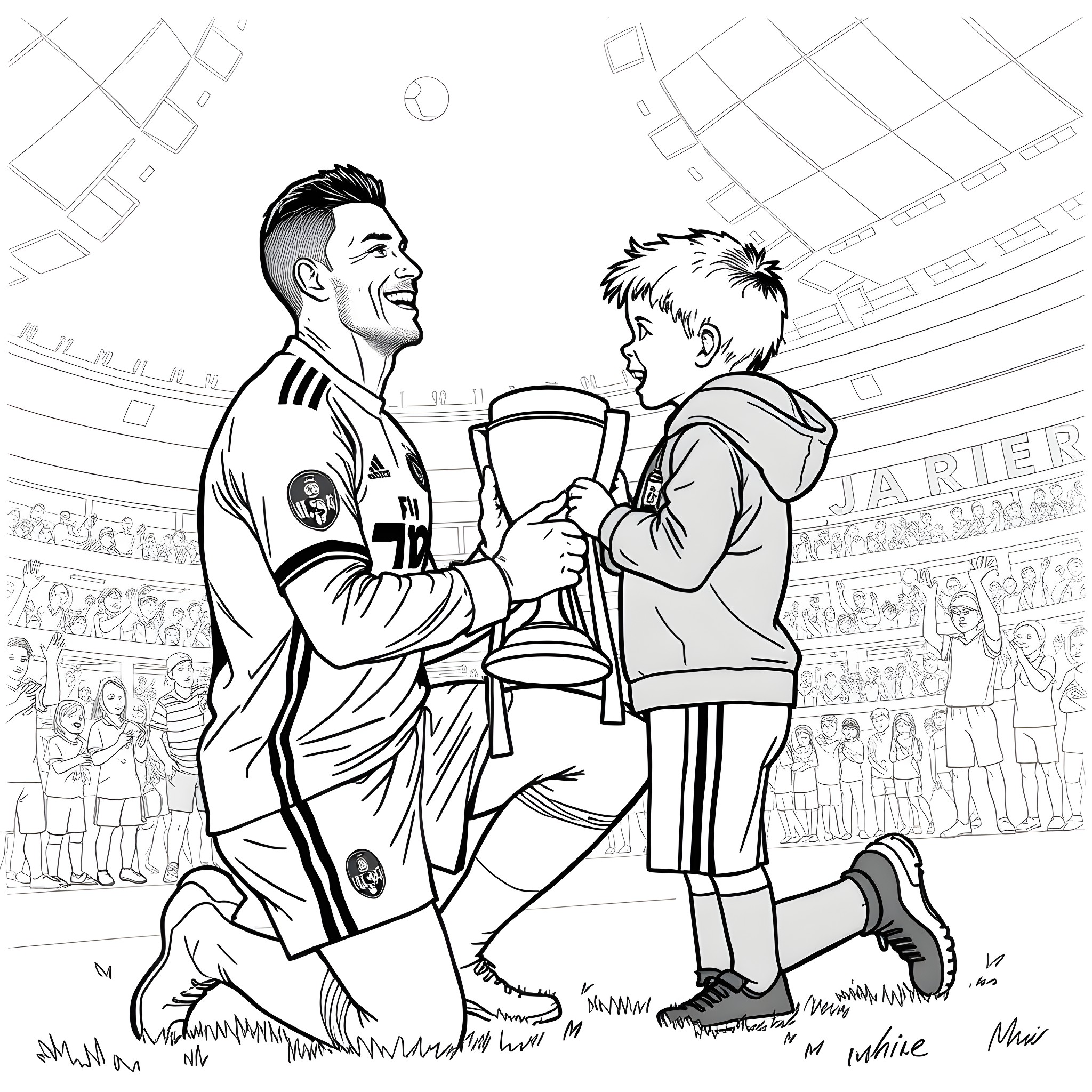 Ronaldo celebrates with a young fan on the field Coloring Page (free black-and-white line drawing printable PDF for all, from beginners to advanced learners, including children, teens, adults, and seniors)