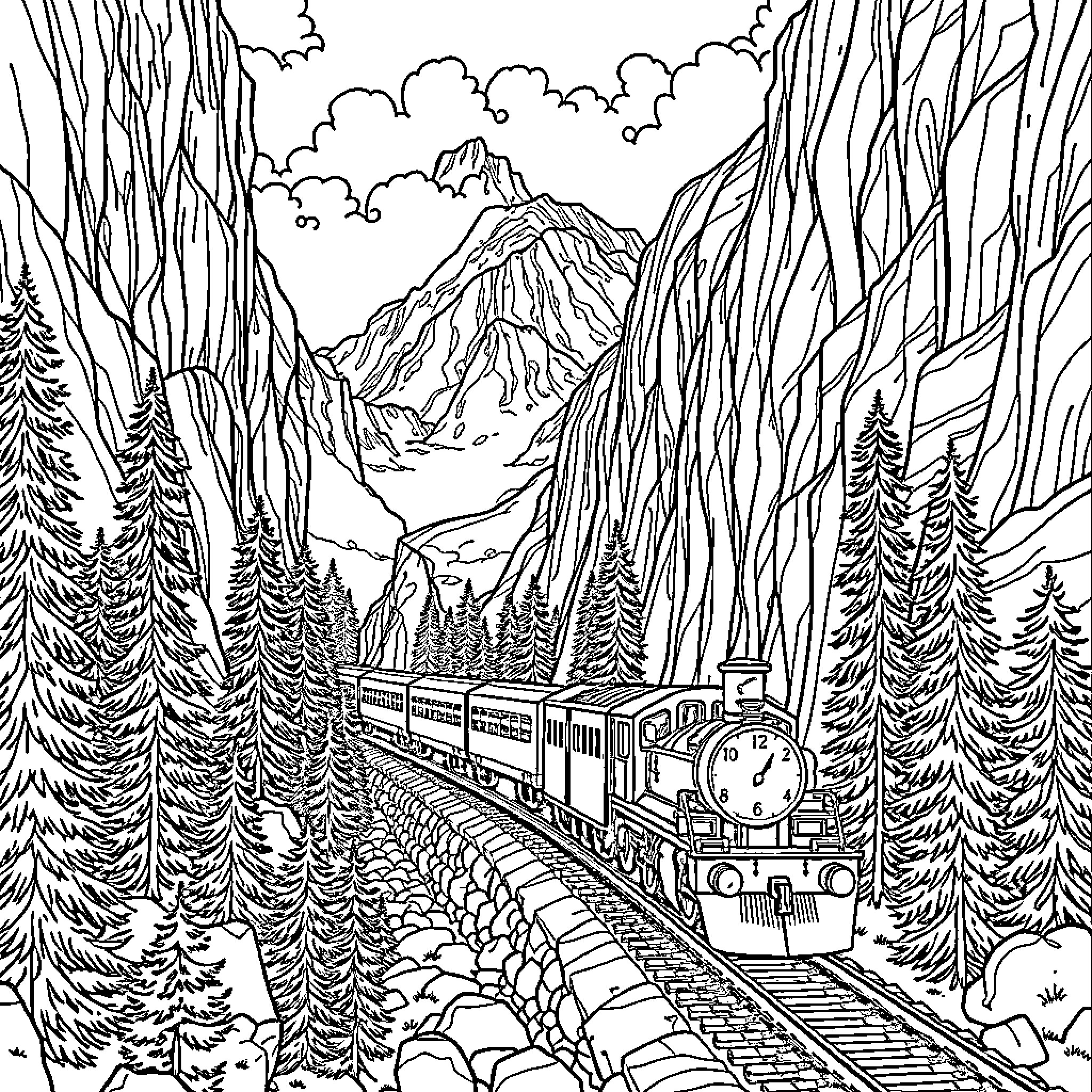 Train traveling through a snowy mountain landscape Coloring Page (free black-and-white line drawing printable PDF for all, from beginners to advanced learners, including children, teens, adults, and seniors)