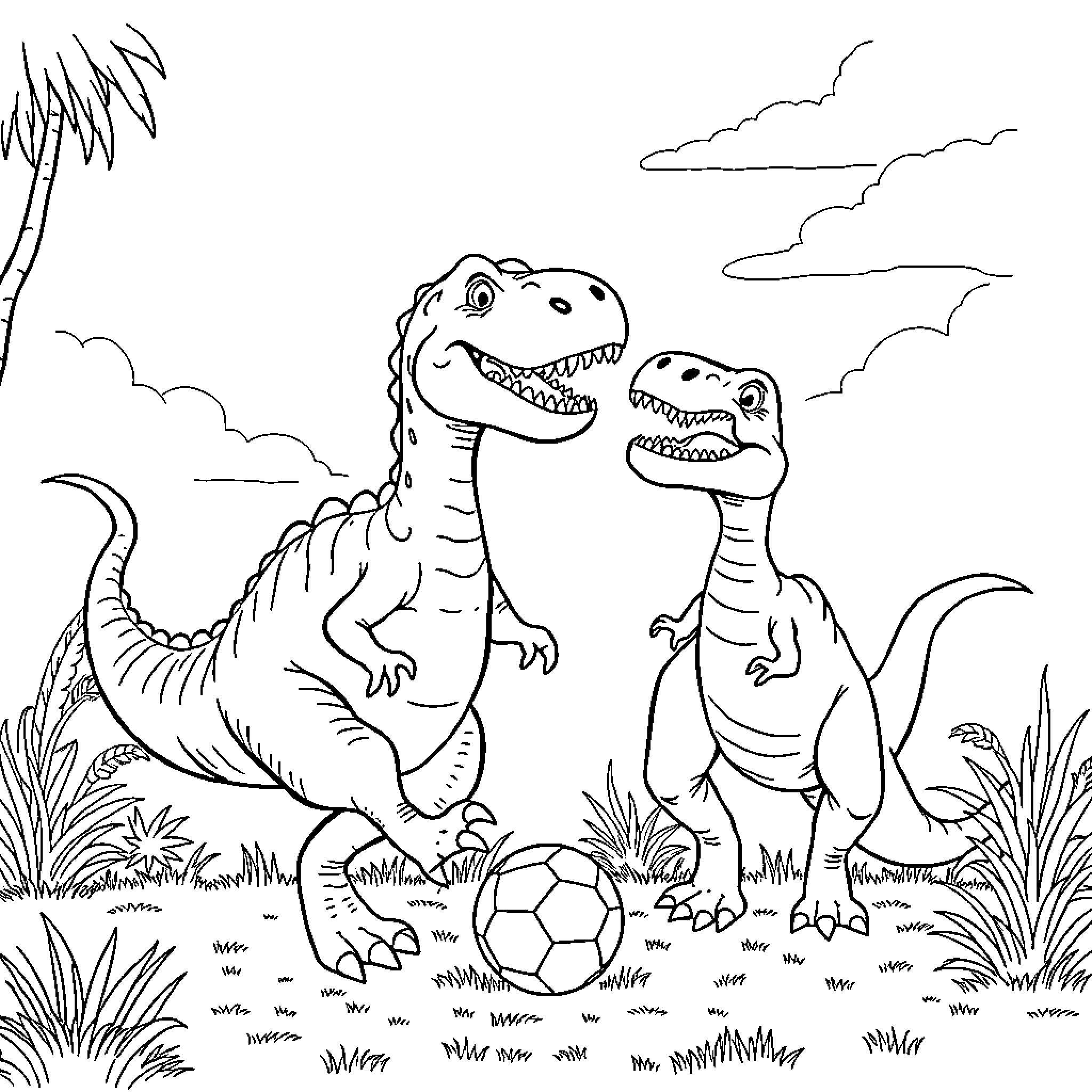 Diplodocus dinosaurs playing with soccer ball in nature Coloring Page (free black-and-white line drawing printable PDF for all, from beginners to advanced learners, including children, teens, adults, and seniors)