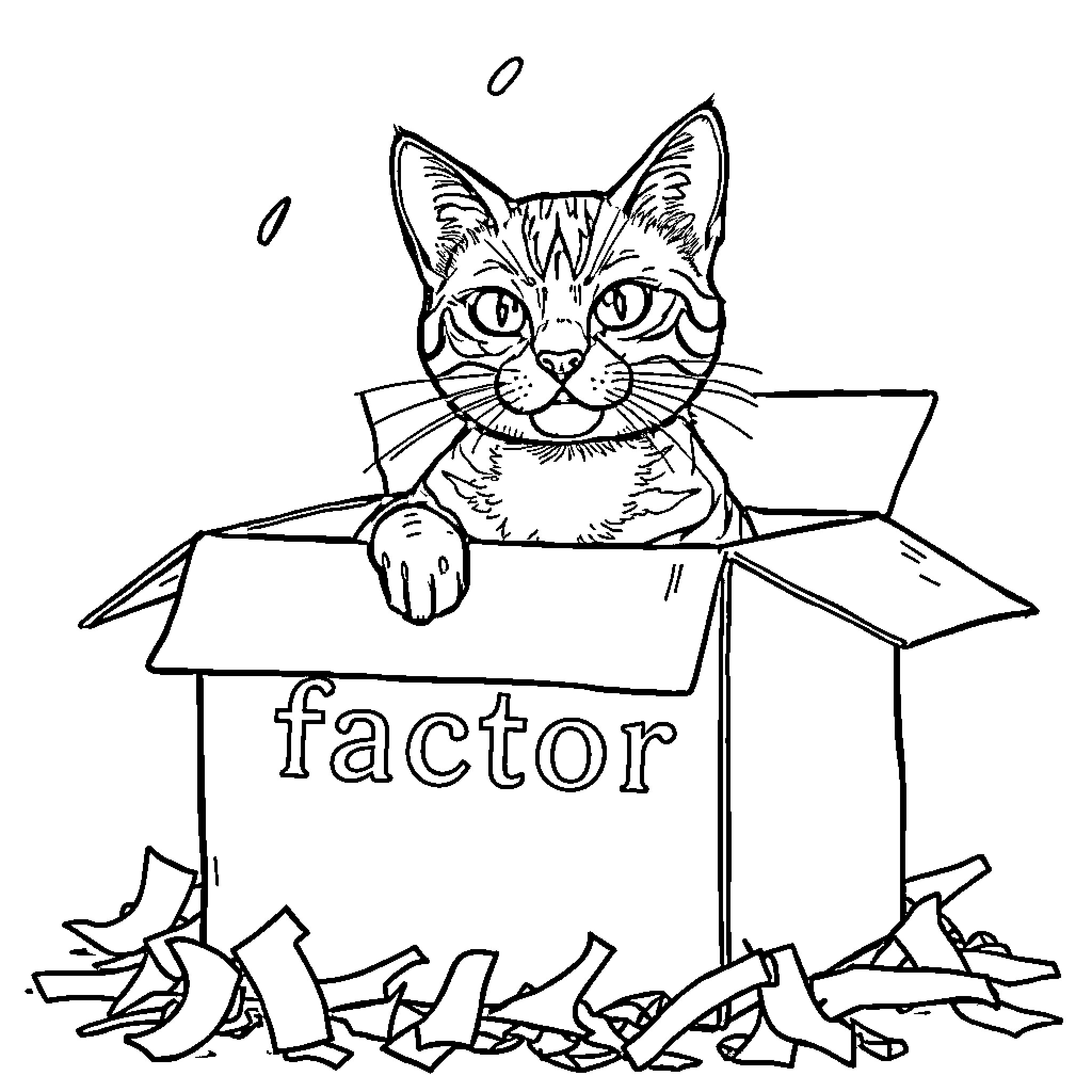 Cat Exploring New Environment in Shipping Box Coloring Page (free black-and-white line drawing printable PDF for all, from beginners to advanced learners, including children, teens, adults, and seniors)