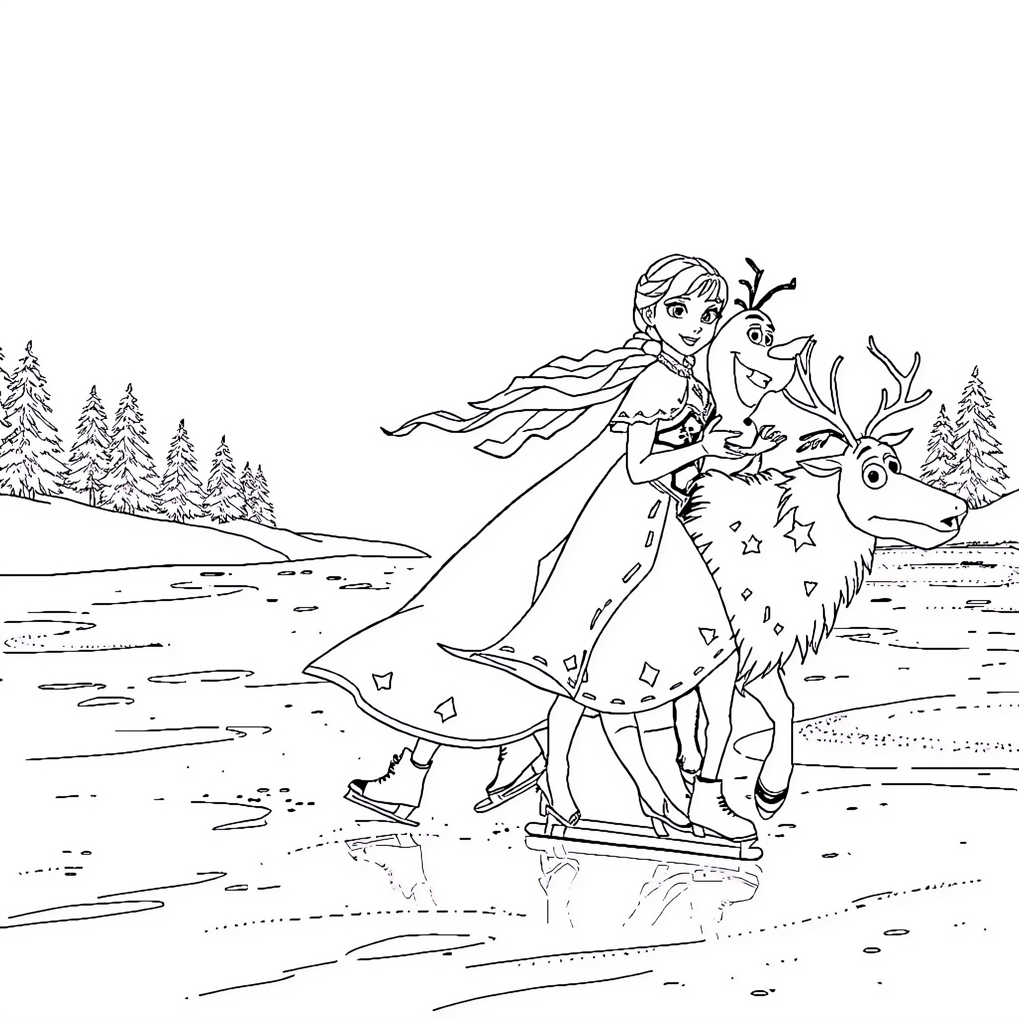 Elsa ice skating with Sven in a winter wonderland Coloring Page (free black-and-white line drawing printable PDF for all, from beginners to advanced learners, including children, teens, adults, and seniors)