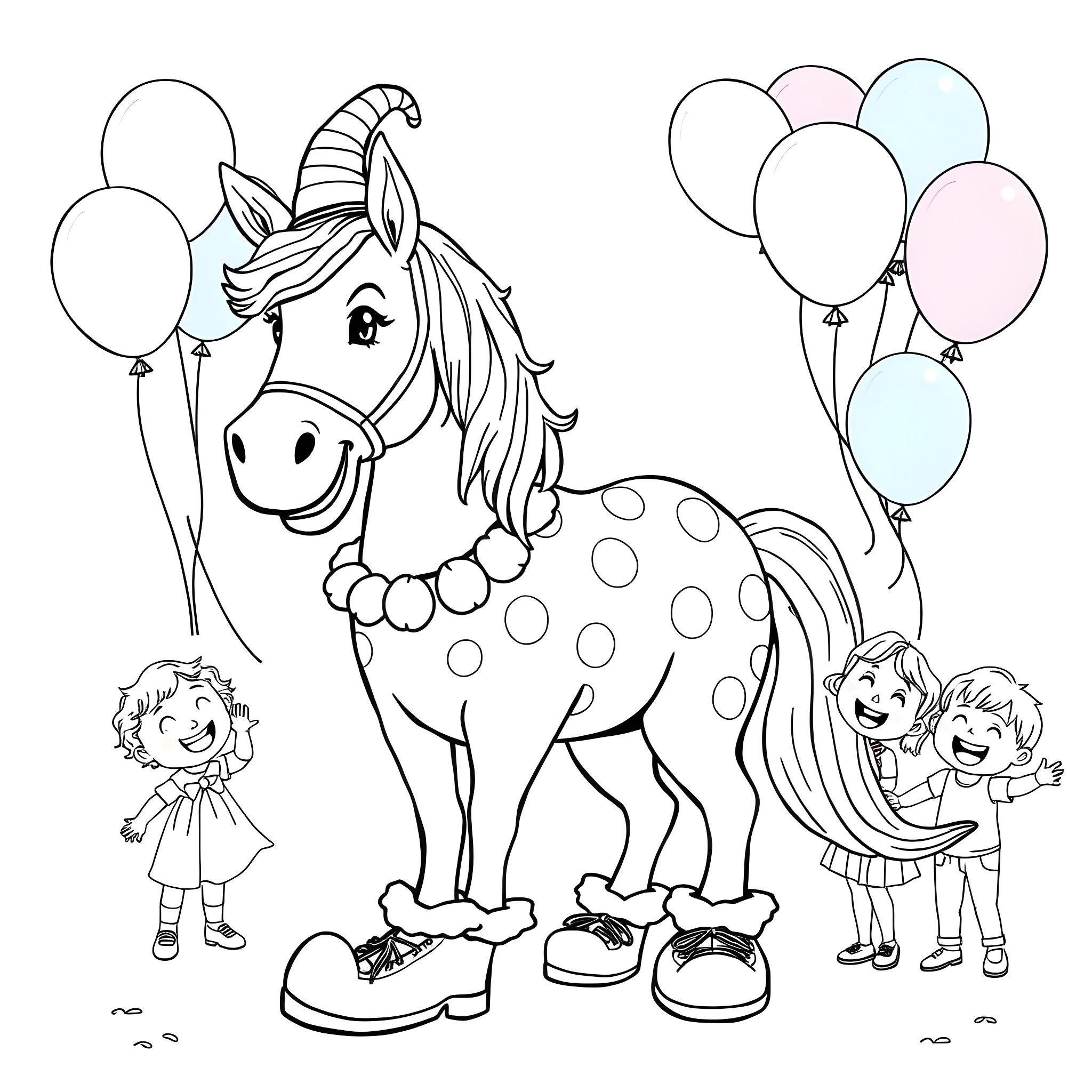 Pony with Balloons and Children Coloring Page (free black-and-white line drawing printable PDF for all, from beginners to advanced learners, including children, teens, adults, and seniors)