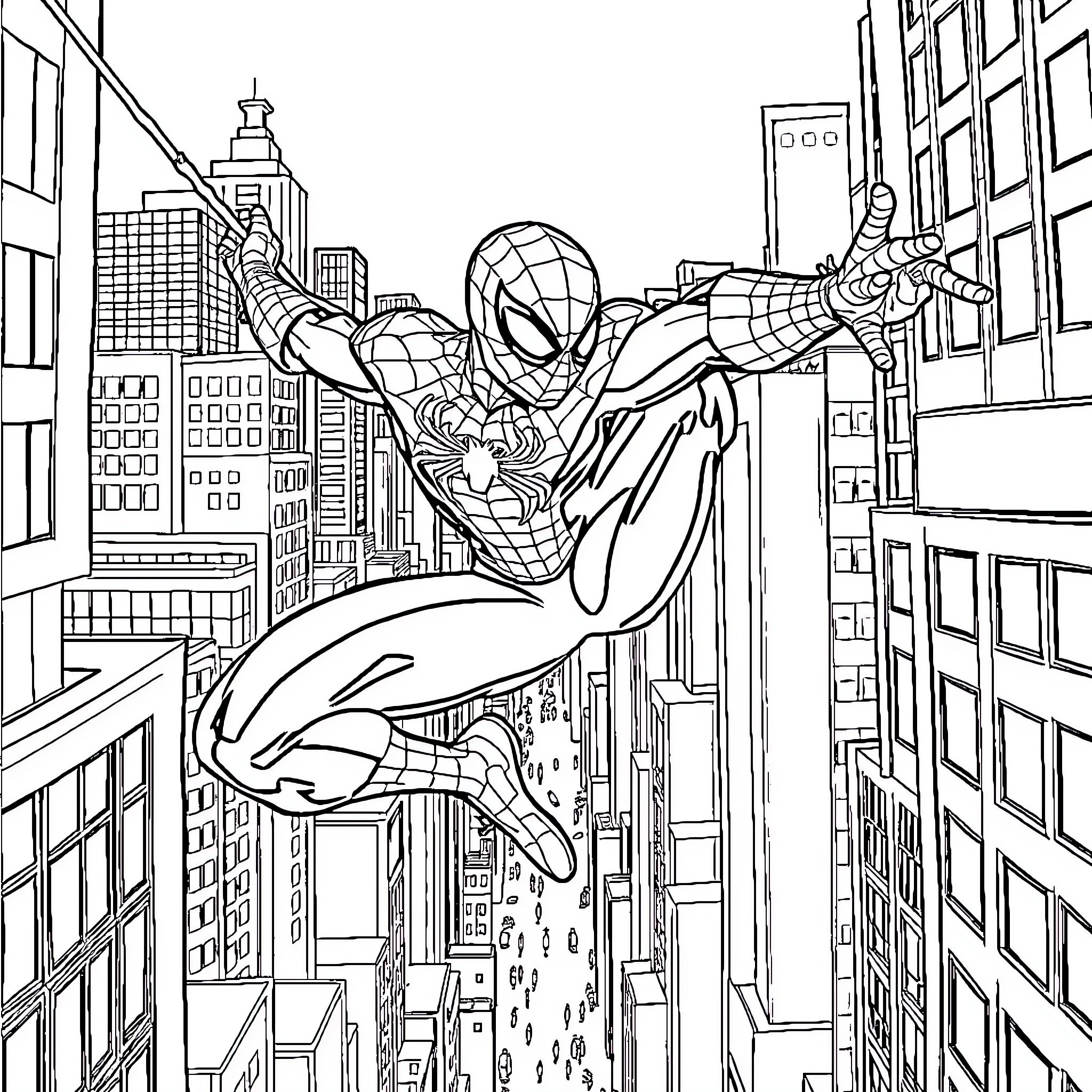 Spiderman swinging through the city skyline Coloring Page (free black-and-white line drawing printable PDF for all, from beginners to advanced learners, including children, teens, adults, and seniors)