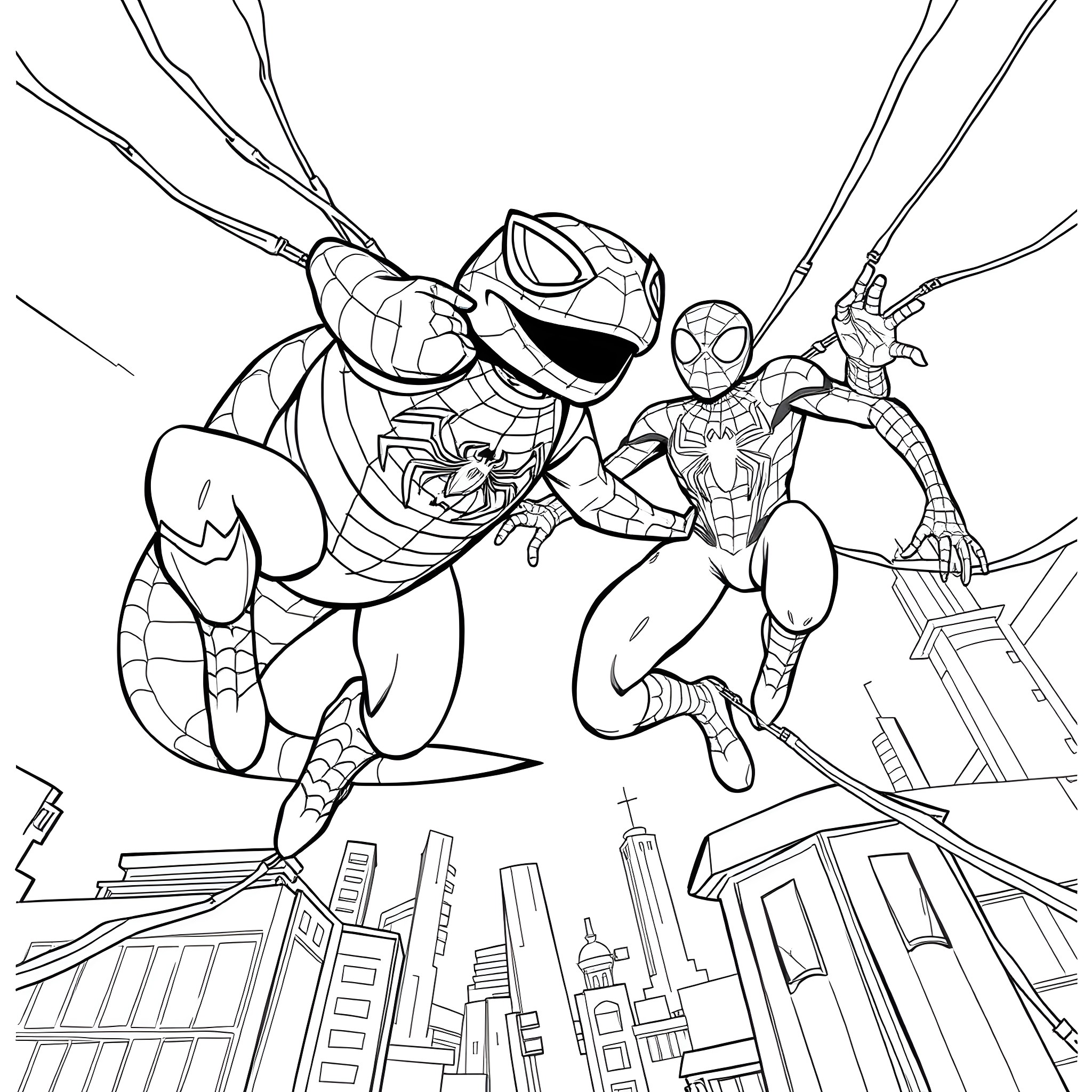 Dragon-shaped Superhero Teamwork in the City Coloring Page (free black-and-white line drawing printable PDF for all, from beginners to advanced learners, including children, teens, adults, and seniors)