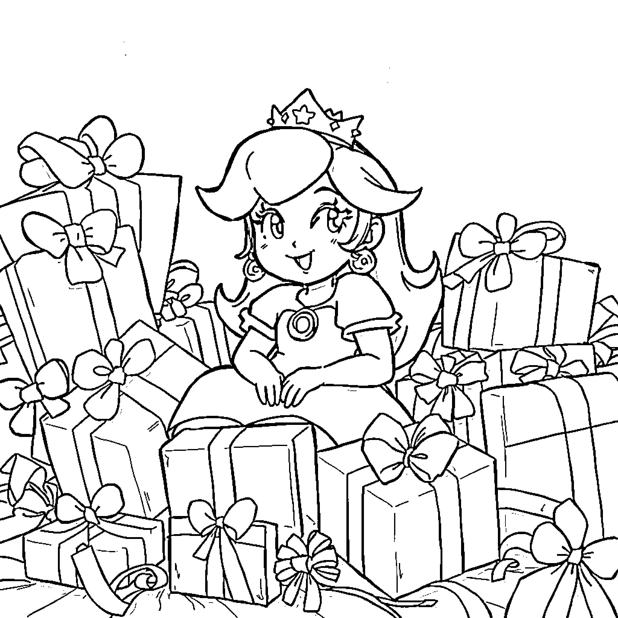 Princess Peach surrounded by gifts and decorations Coloring Page (free black-and-white line drawing printable PDF for all, from beginners to advanced learners, including children, teens, adults, and seniors)