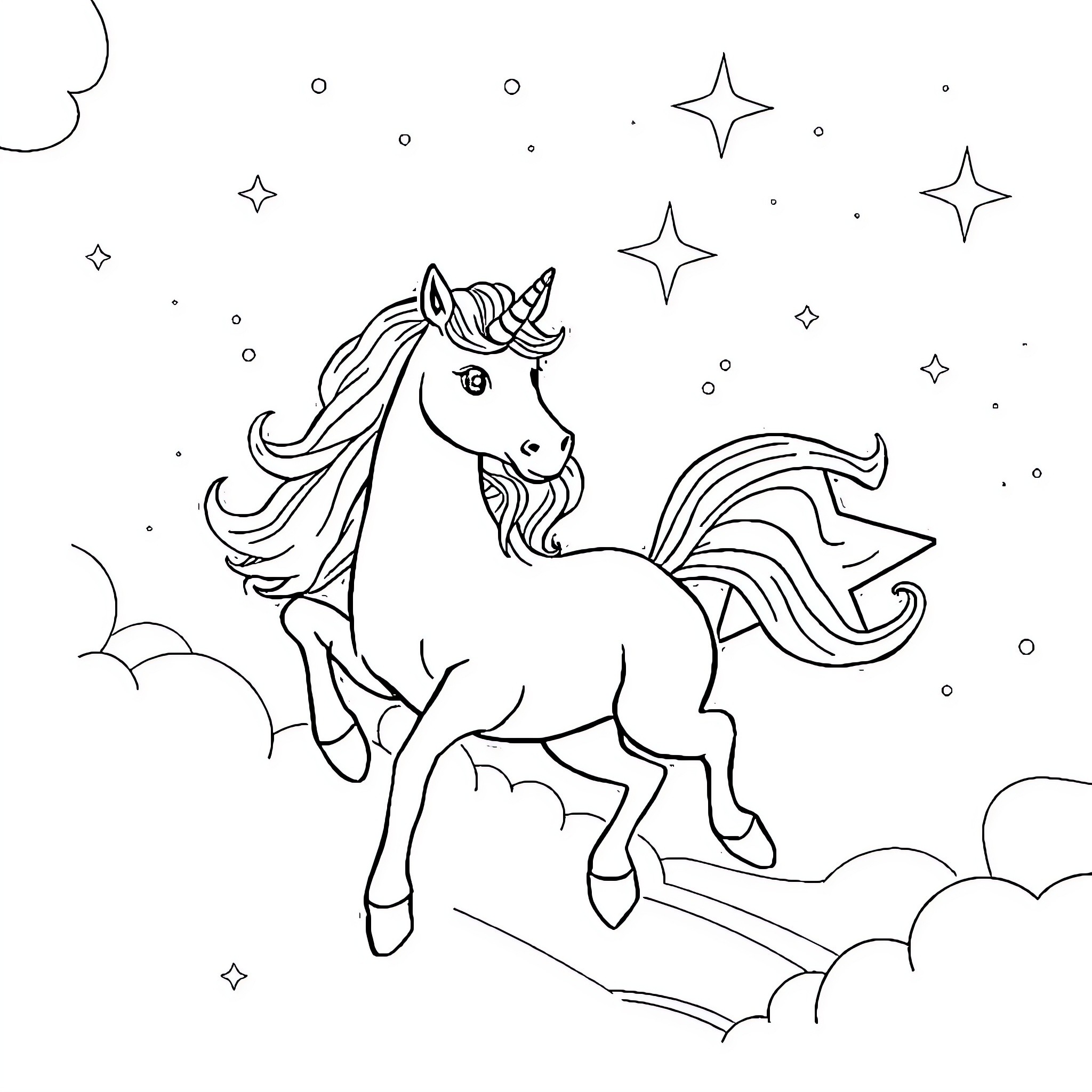 Unicorn Galloping Through Starry Night Sky Coloring Page (free black-and-white line drawing printable PDF for all, from beginners to advanced learners, including children, teens, adults, and seniors)