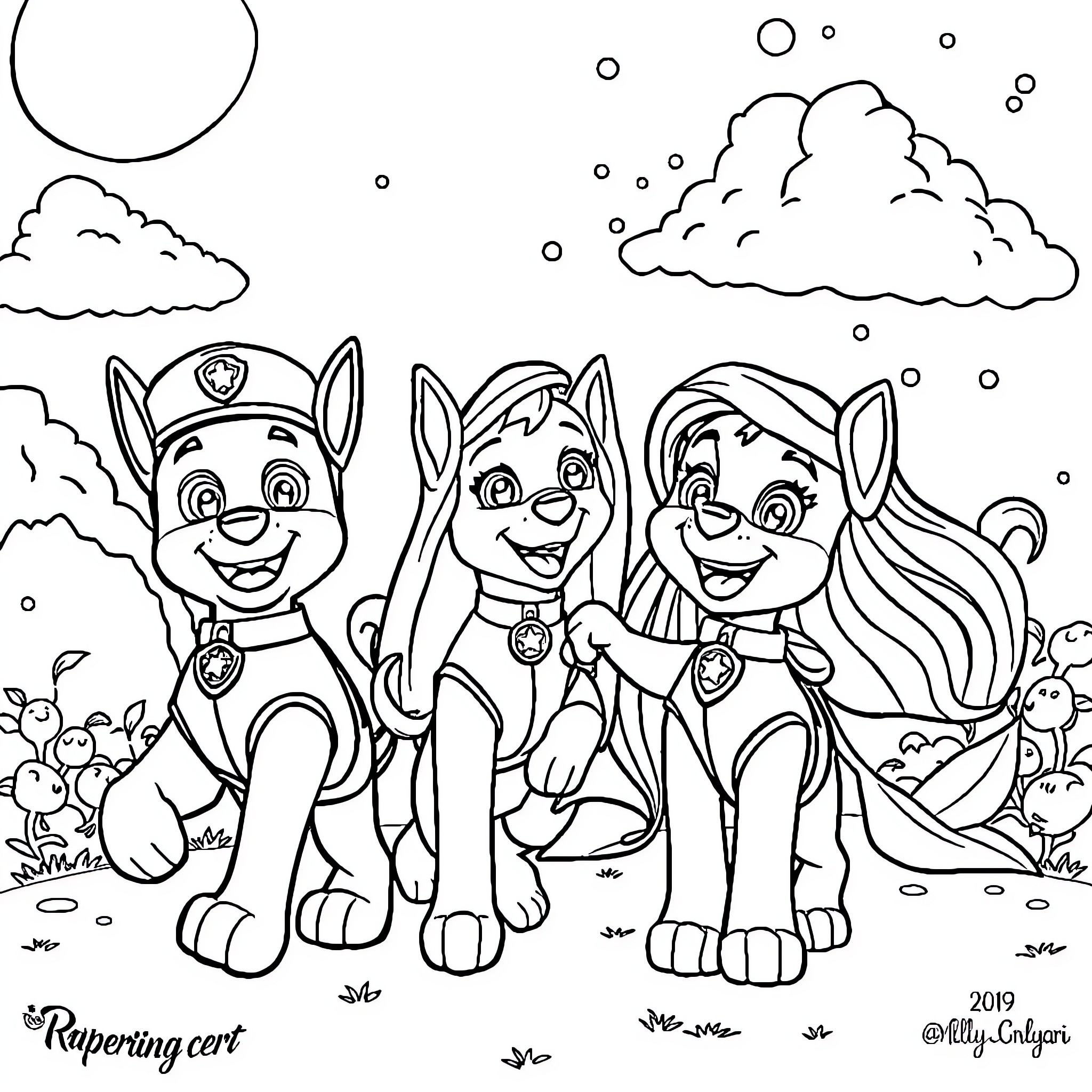 Paw Patrol team exploring the snowy outdoors Coloring Page (free black-and-white line drawing printable PDF for all, from beginners to advanced learners, including children, teens, adults, and seniors)