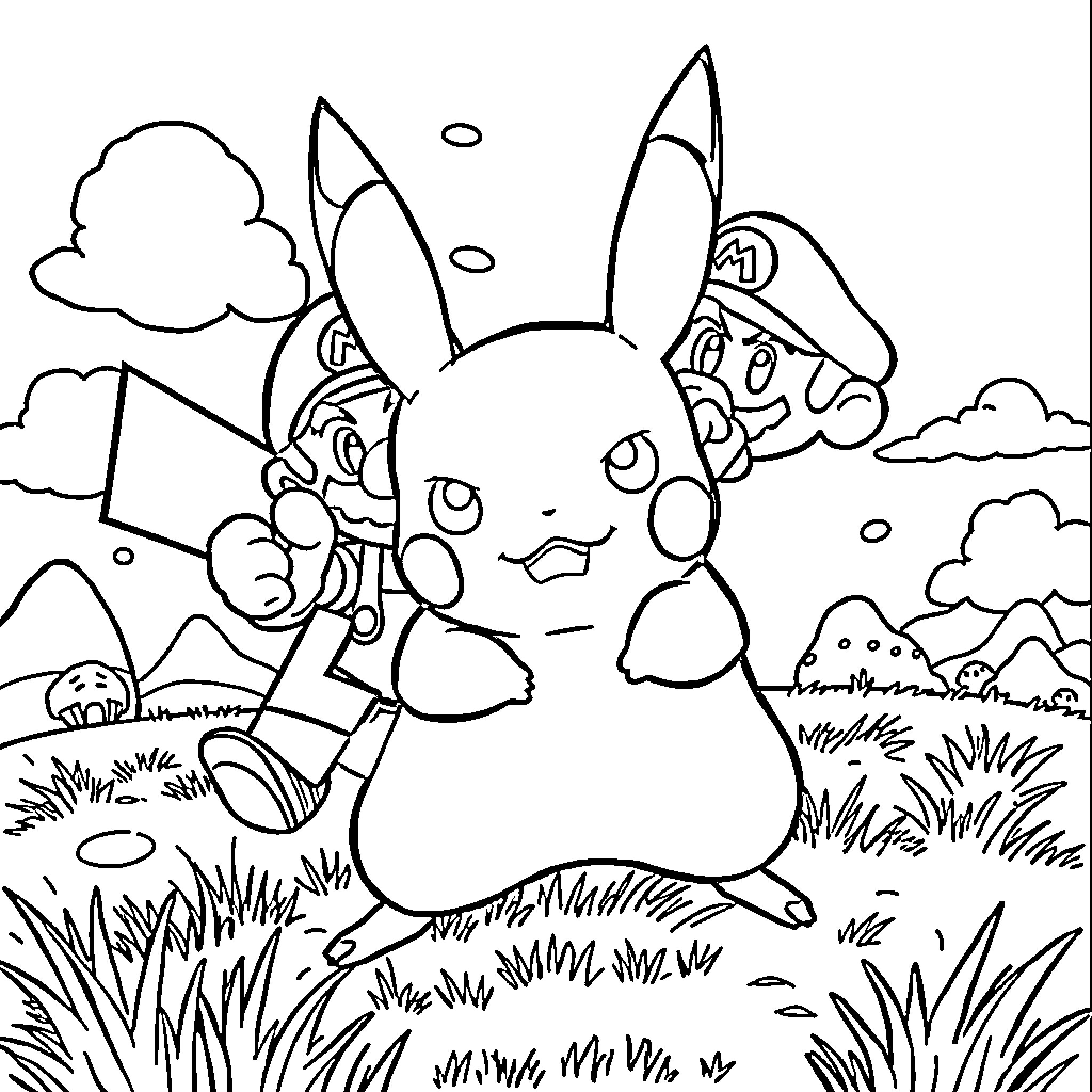 Pikachu and Mario exploring the outdoors Coloring Page (free black-and-white line drawing printable PDF for all, from beginners to advanced learners, including children, teens, adults, and seniors)