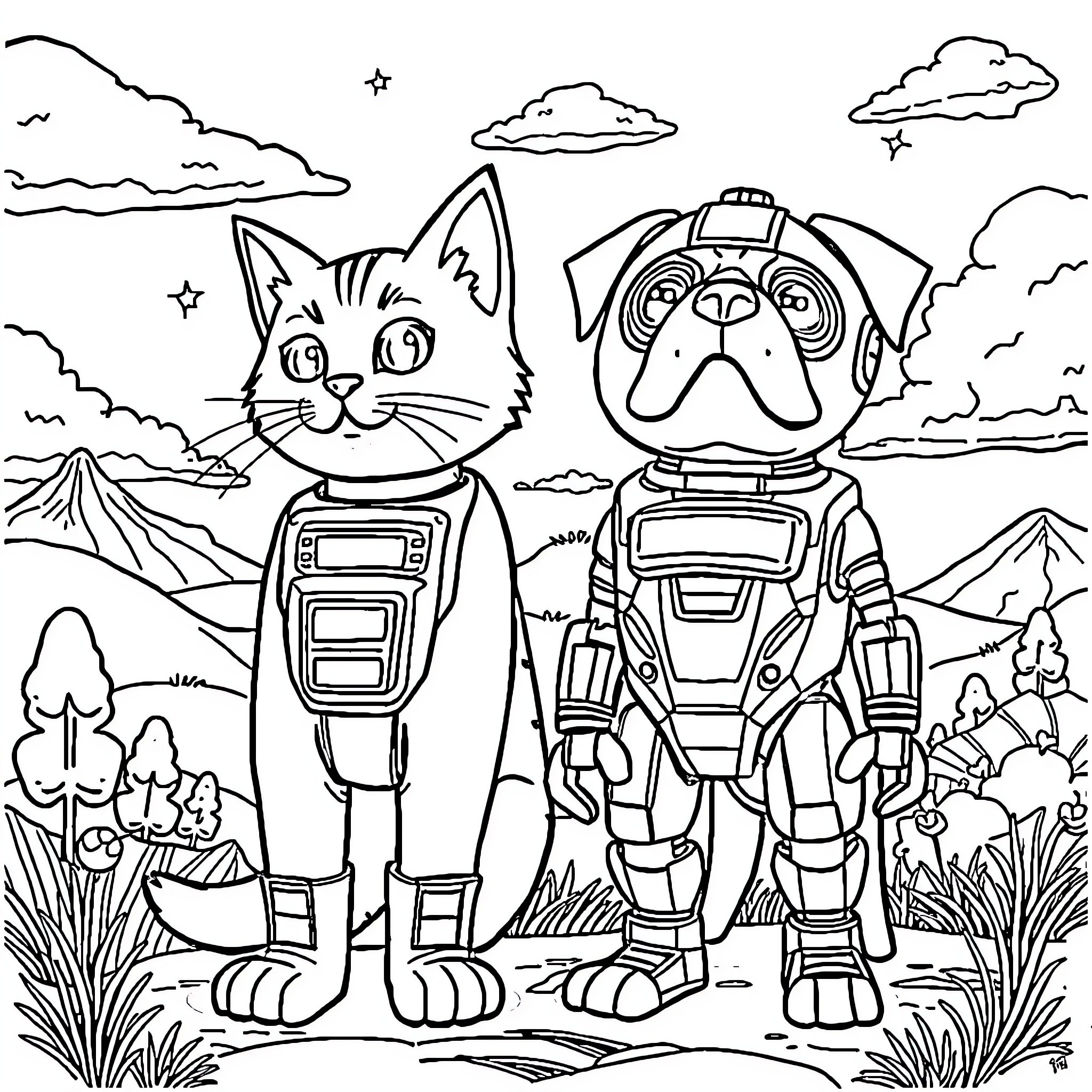 Milo & Otis' Intergalactic Adventure Coloring Page (free black-and-white line drawing printable PDF for all, from beginners to advanced learners, including children, teens, adults, and seniors)