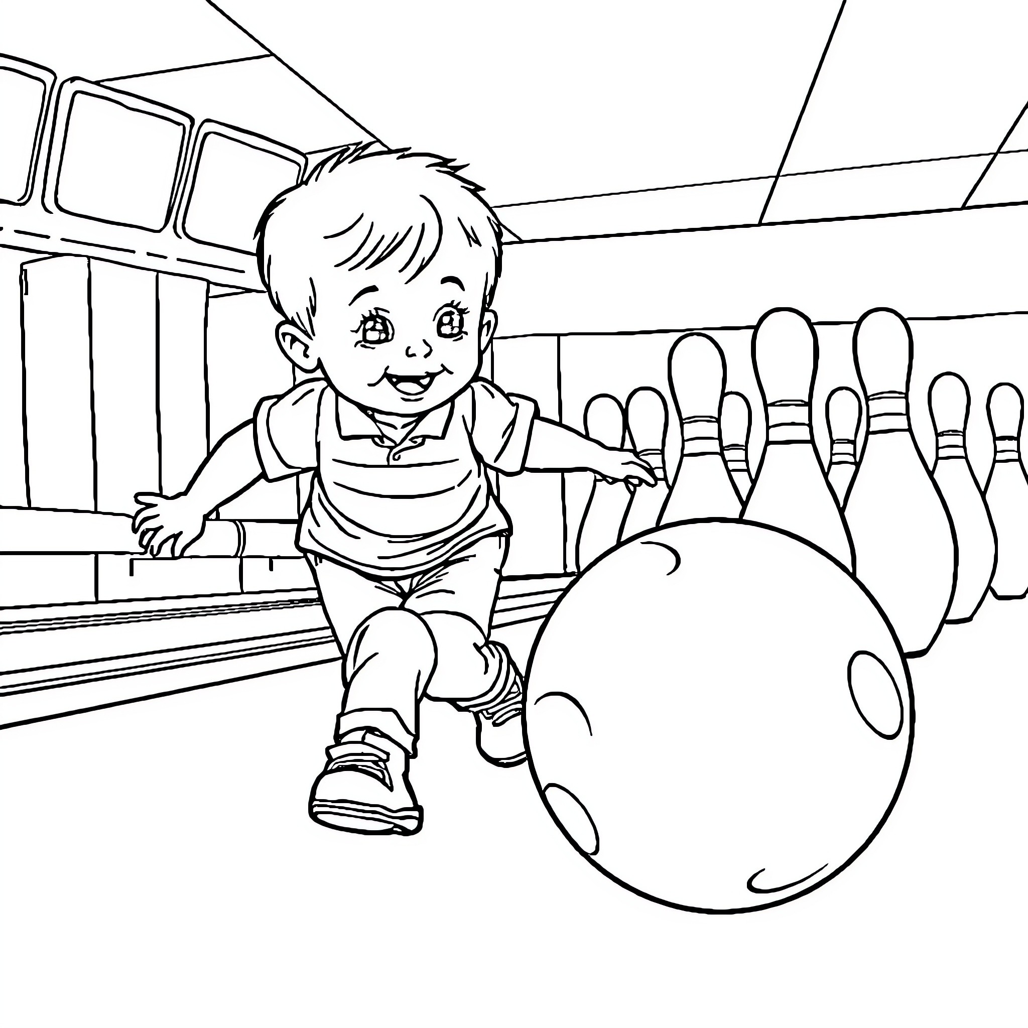Bowling Boy Happily Playing in the Alley Coloring Page (free black-and-white line drawing printable PDF for all, from beginners to advanced learners, including children, teens, adults, and seniors)