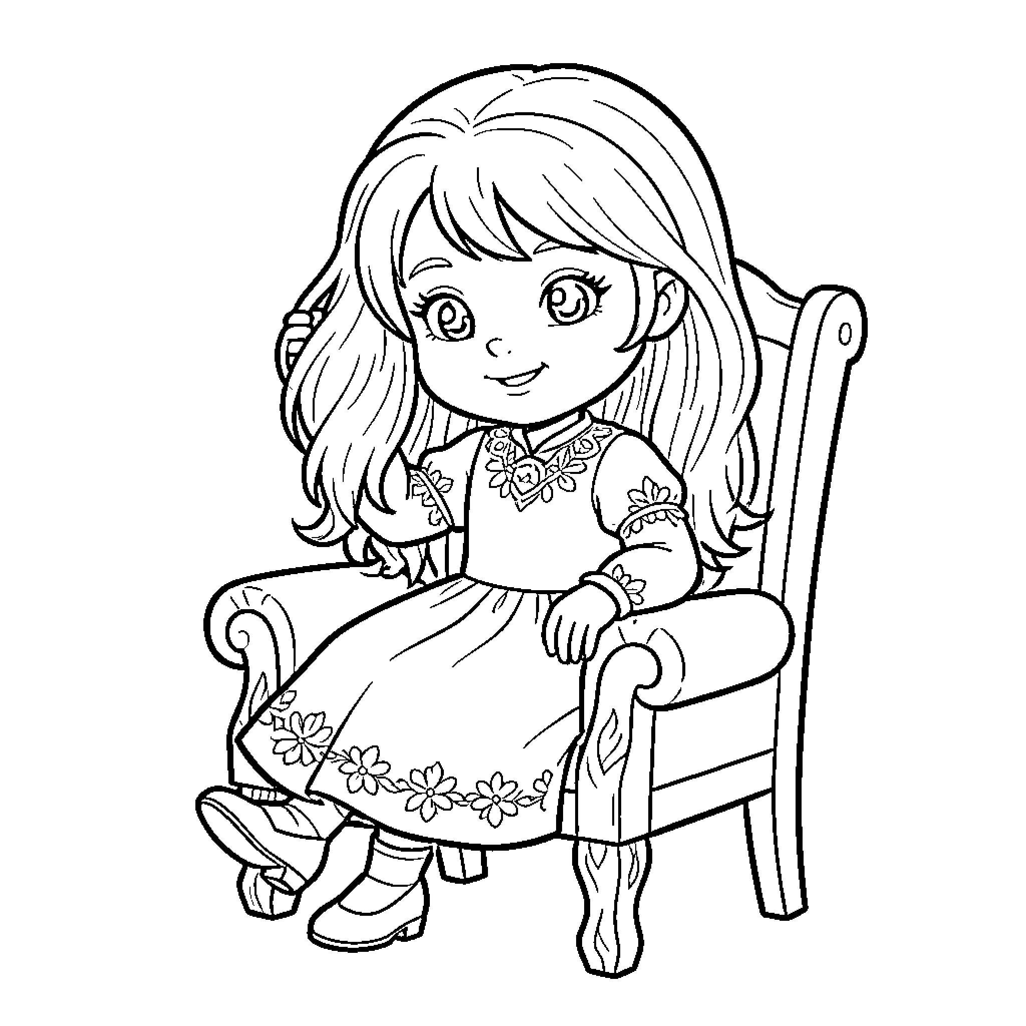 Masha sitting gracefully in a large armchair Coloring Page (free black-and-white line drawing printable PDF for all, from beginners to advanced learners, including children, teens, adults, and seniors)