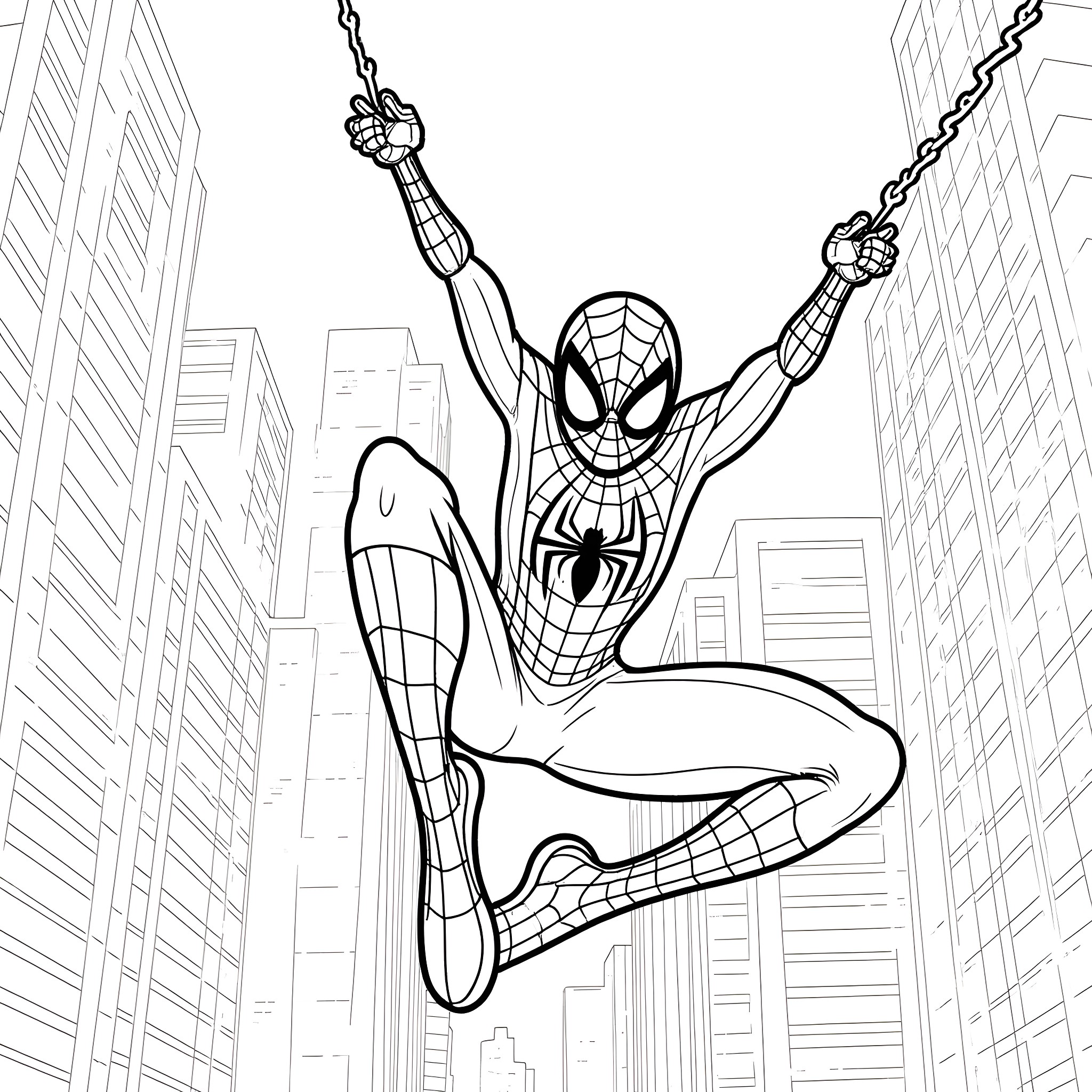 Spider-Man swinging through the city skyline Coloring Page (free black-and-white line drawing printable PDF for all, from beginners to advanced learners, including children, teens, adults, and seniors)