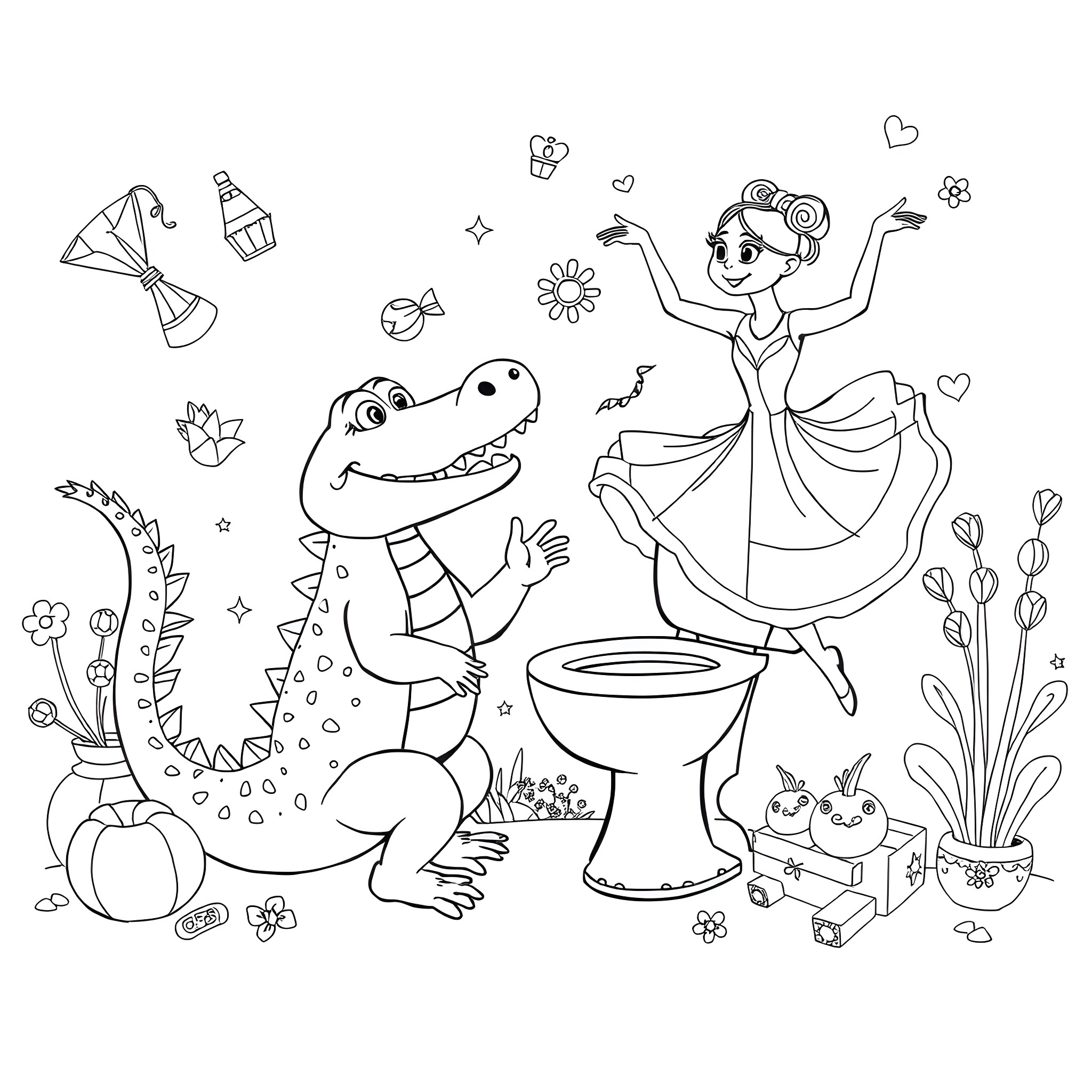 Skibidi Toilet: Whimsical Scene with Dancing Figures and Creatures Coloring Page (free black-and-white line drawing printable PDF for all, from beginners to advanced learners, including children, teens, adults, and seniors)