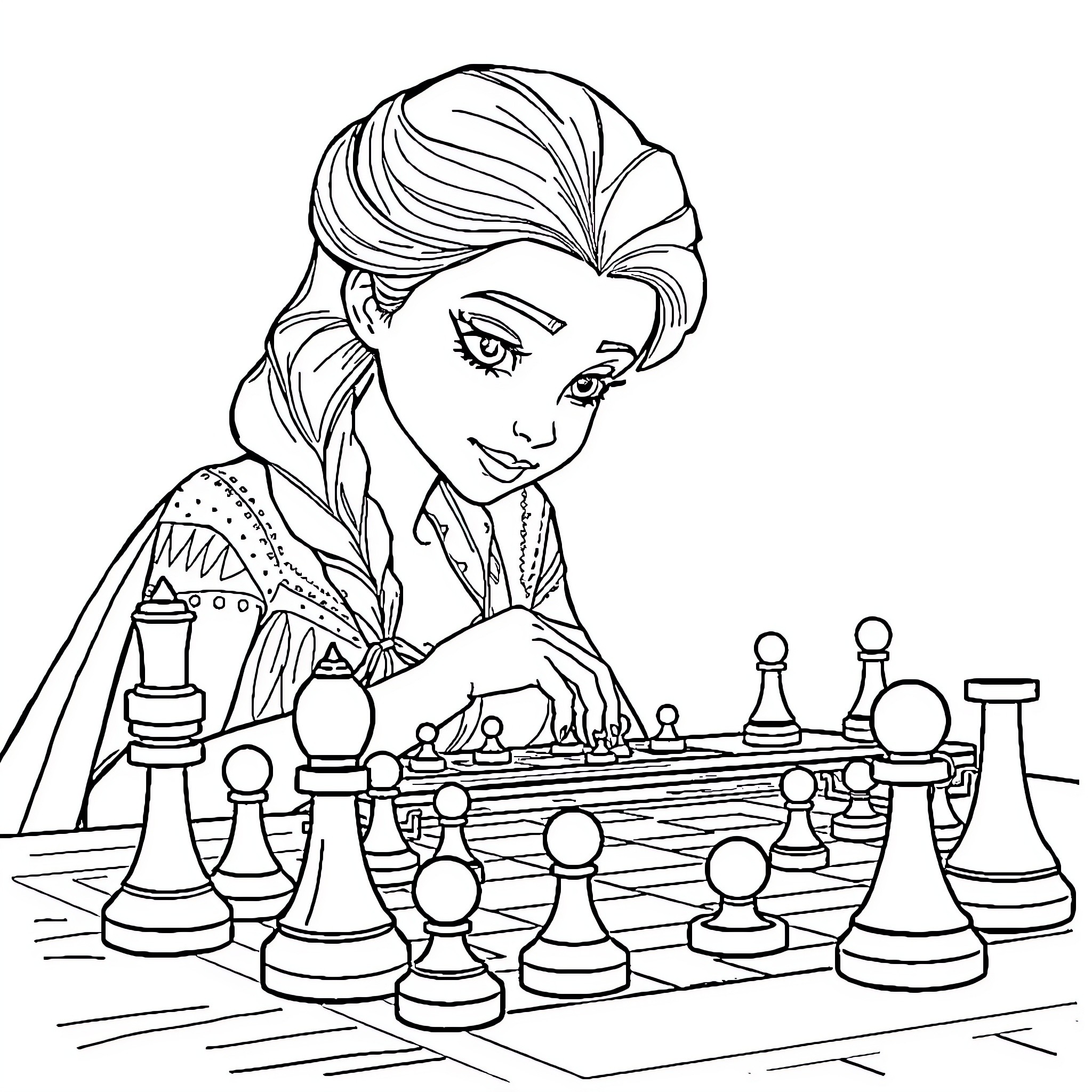 Elsa playing a thoughtful game of chess Coloring Page (free black-and-white line drawing printable PDF for all, from beginners to advanced learners, including children, teens, adults, and seniors)