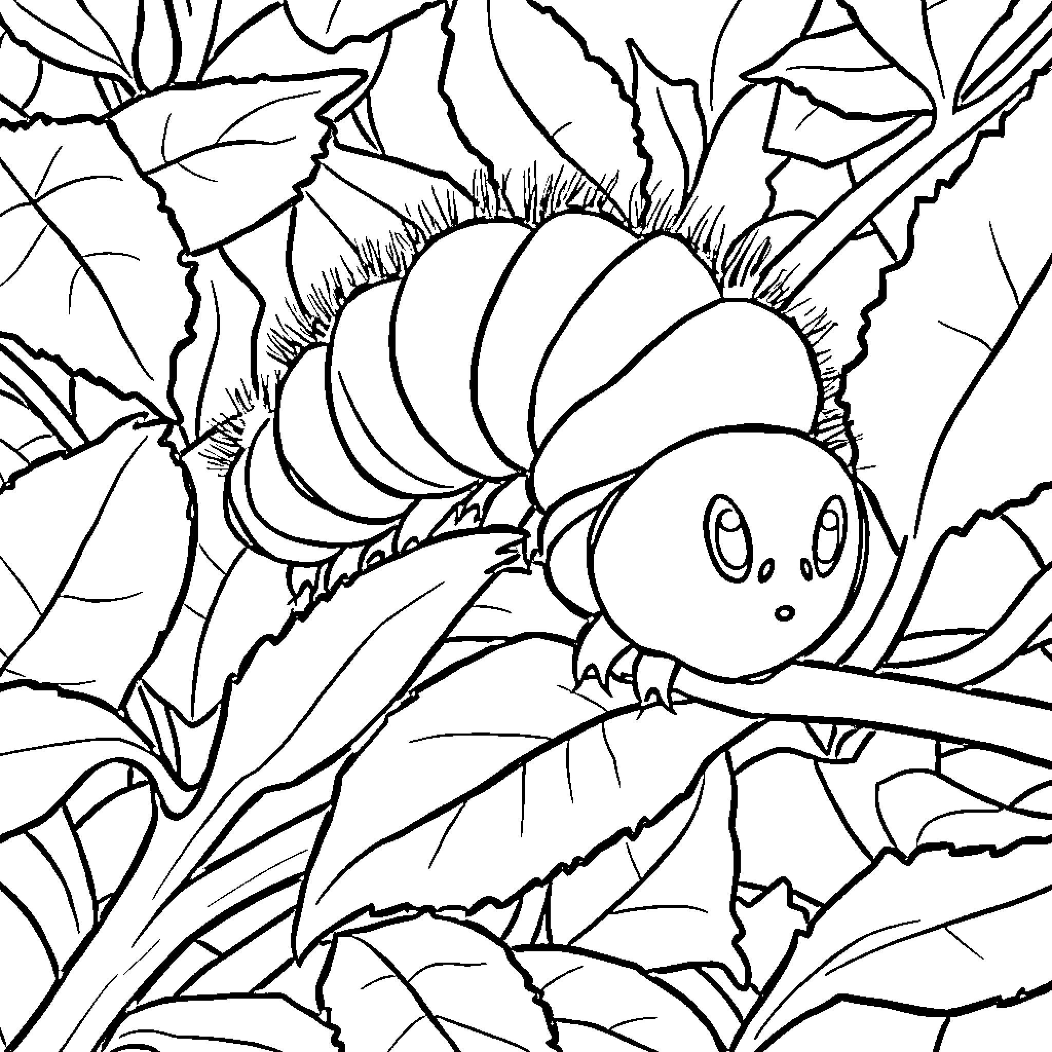 Caterpillar peeking curiously through the foliage Coloring Page (free black-and-white line drawing printable PDF for all, from beginners to advanced learners, including children, teens, adults, and seniors)
