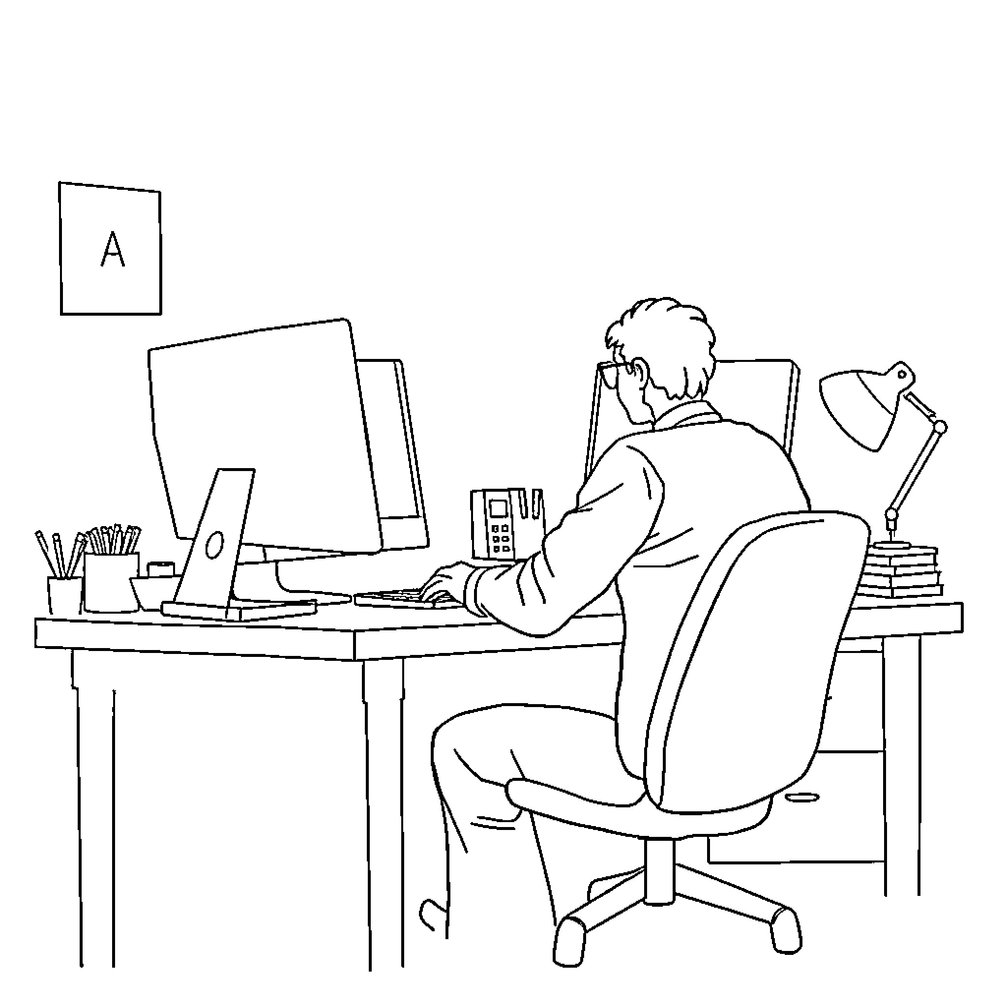 Piet working diligently at computer desk Coloring Page (free black-and-white line drawing printable PDF for all, from beginners to advanced learners, including children, teens, adults, and seniors)