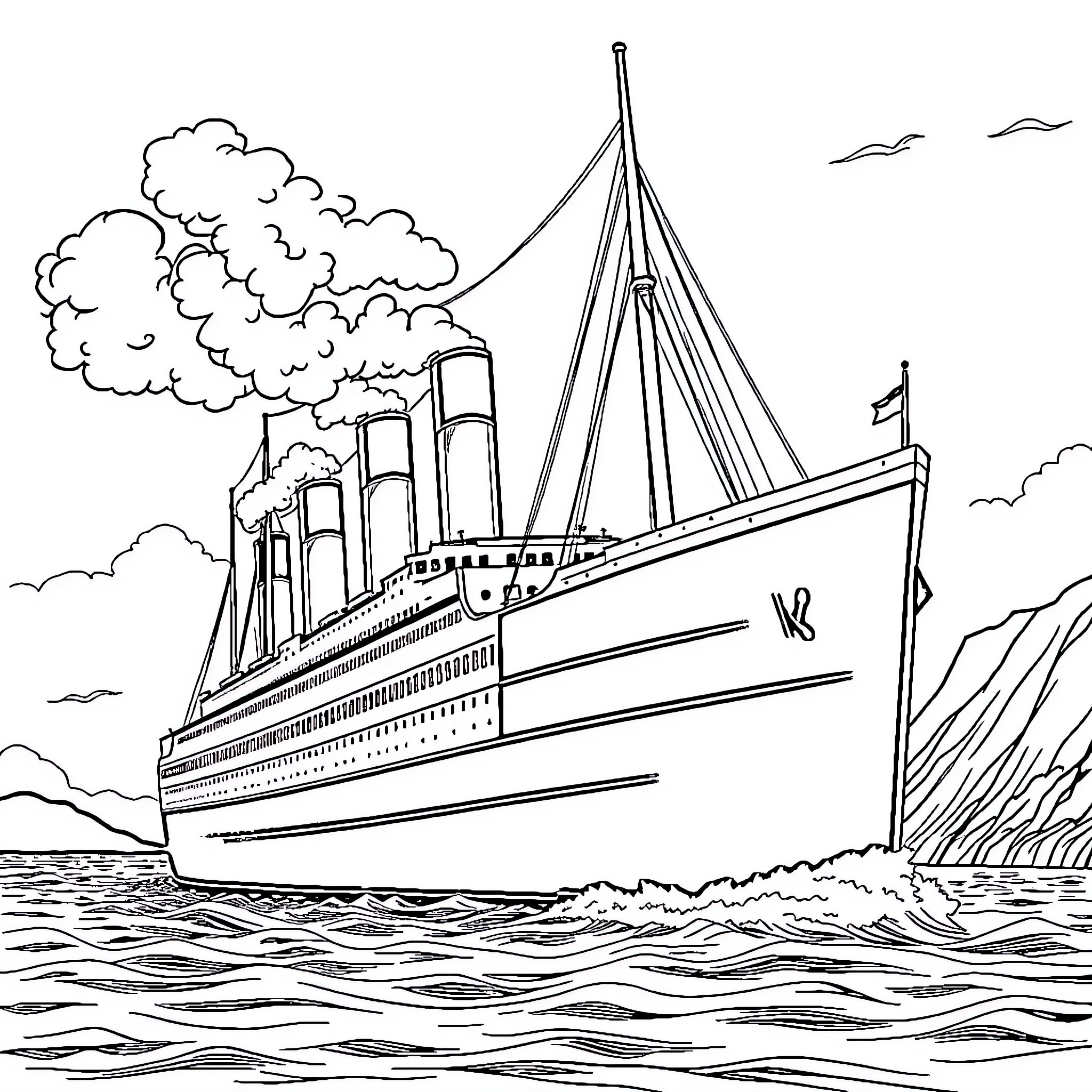 Titanic Cruise Ship Sailing on Vast Waves Coloring Page (free black-and-white line drawing printable PDF for all, from beginners to advanced learners, including children, teens, adults, and seniors)
